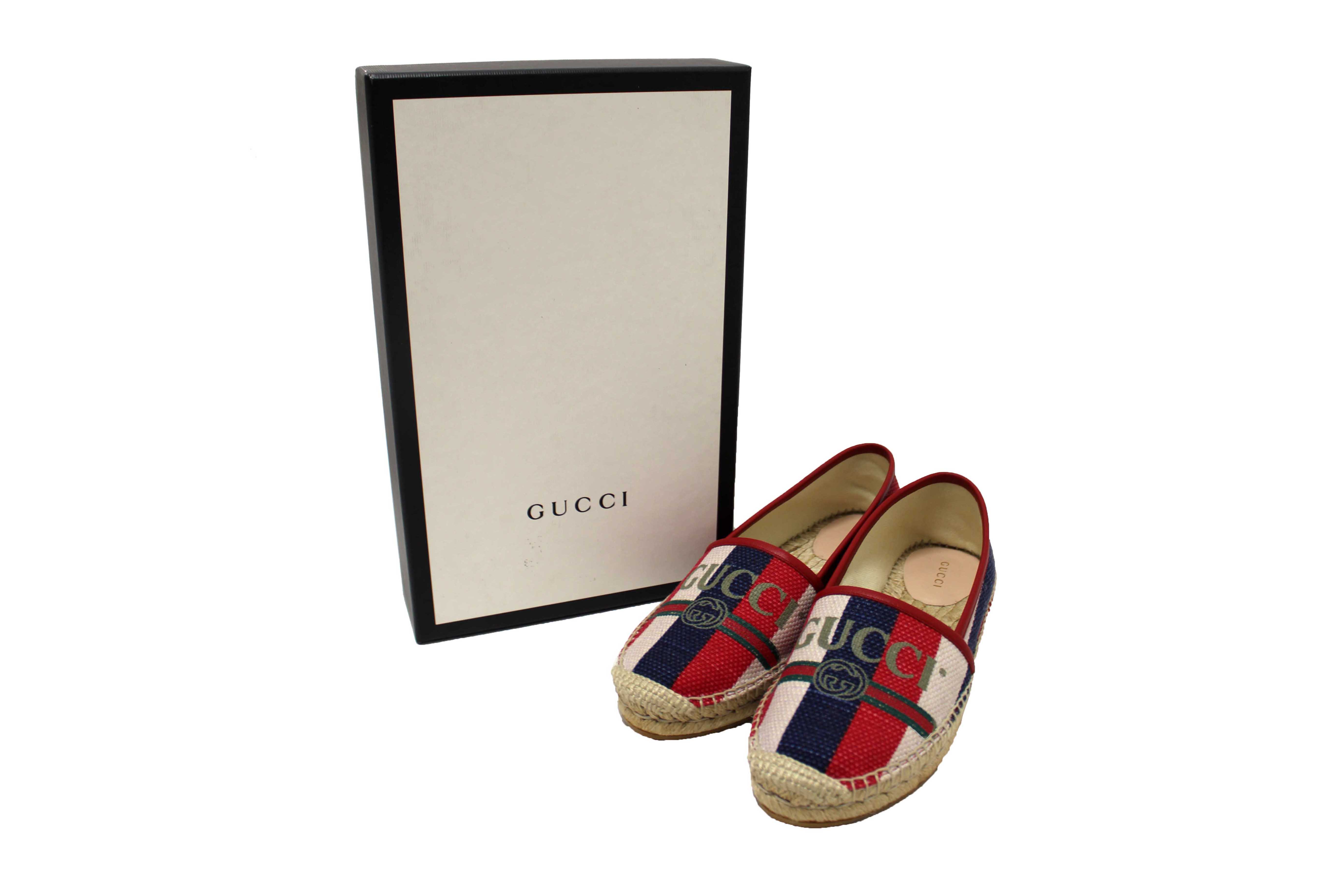Authentic NEW Gucci Fabric Striped Red White Blue Espadrille Sandal Size 37.5