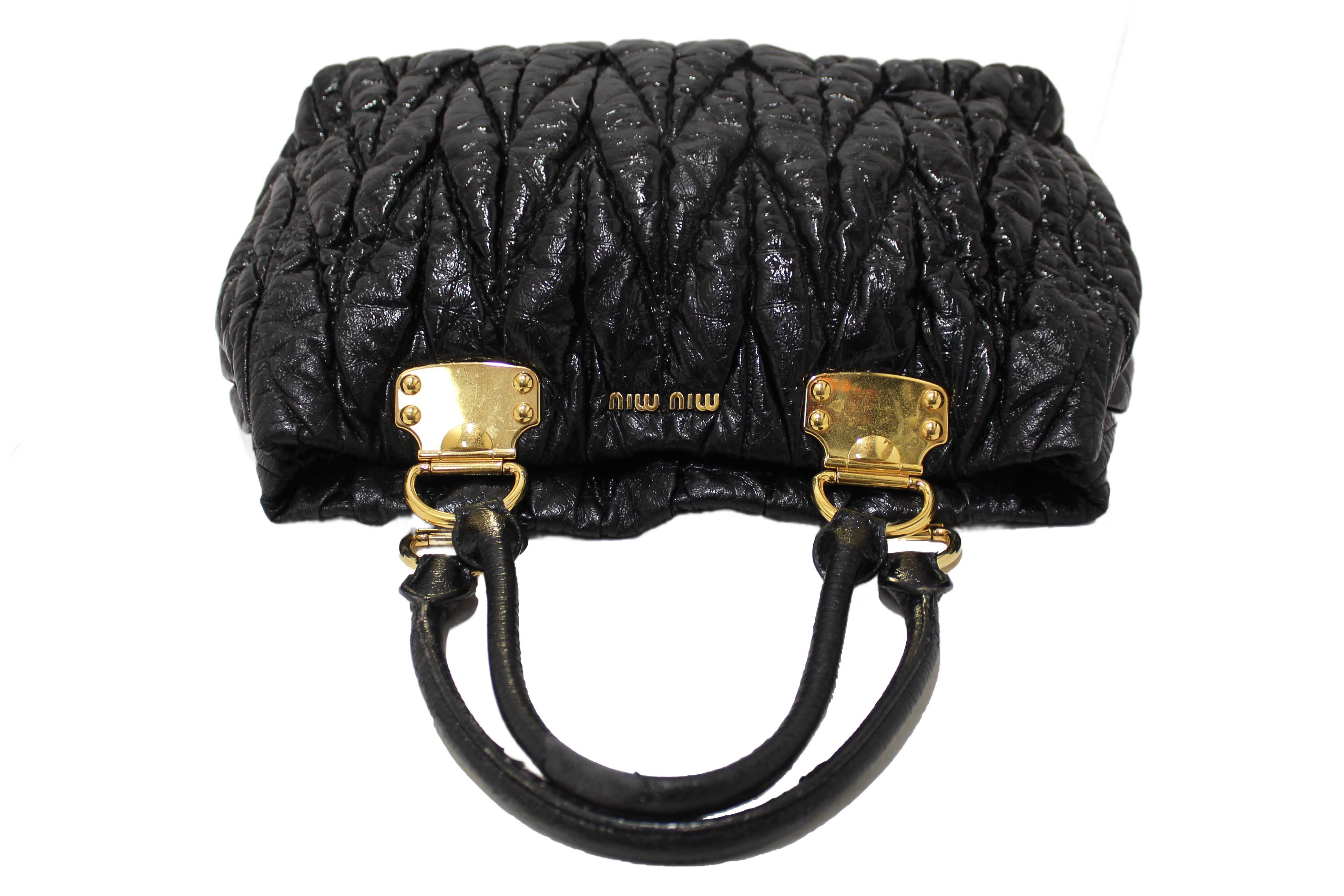 Authentic Miu Miu Black Matelasse Distressed Leather Large Tote