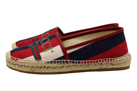 Authentic NEW Gucci Fabric Striped Red White Blue Espadrille Sandal Size 37.5