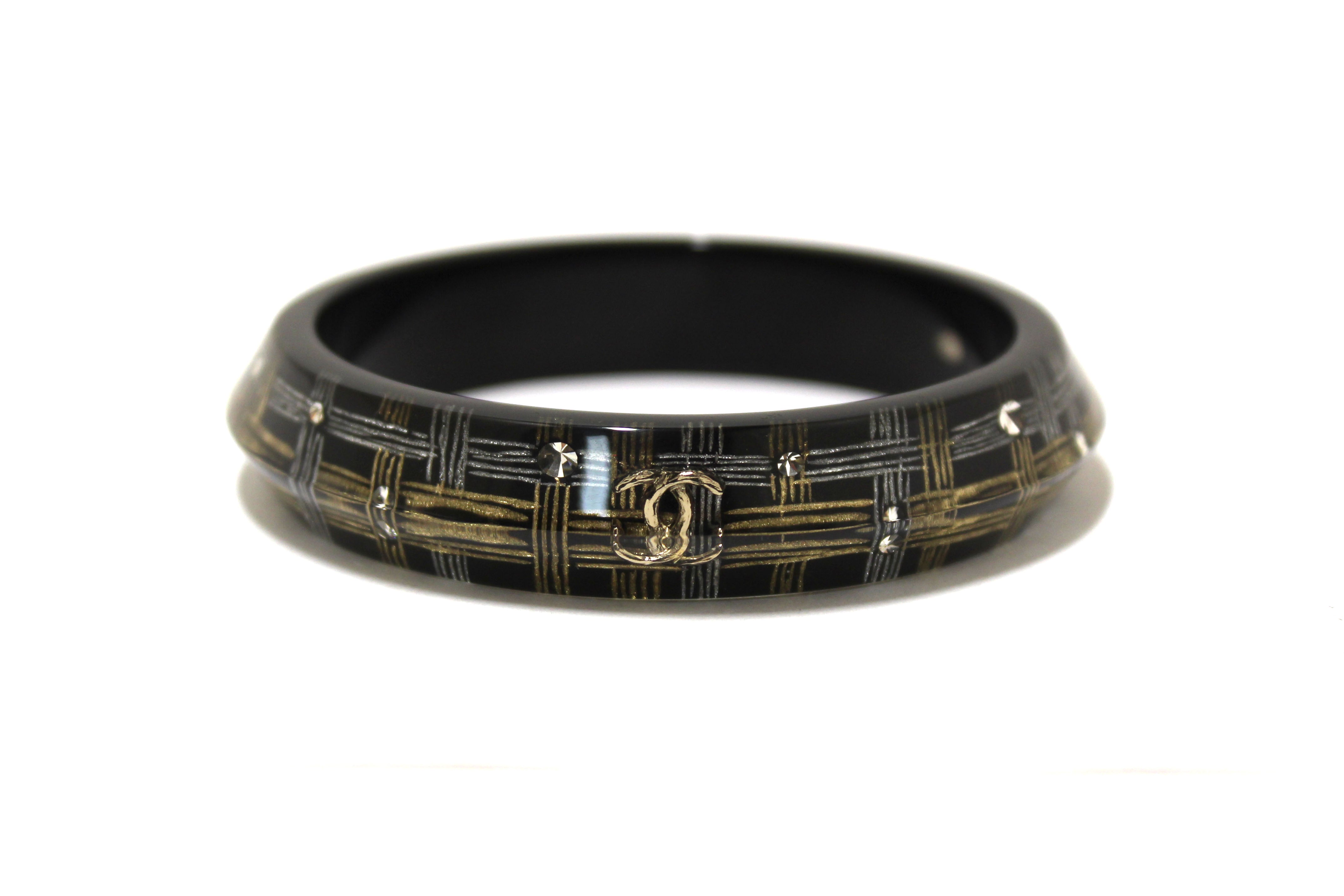 Authentic Chanel Black Resin and Crystal Bangle Bracelet