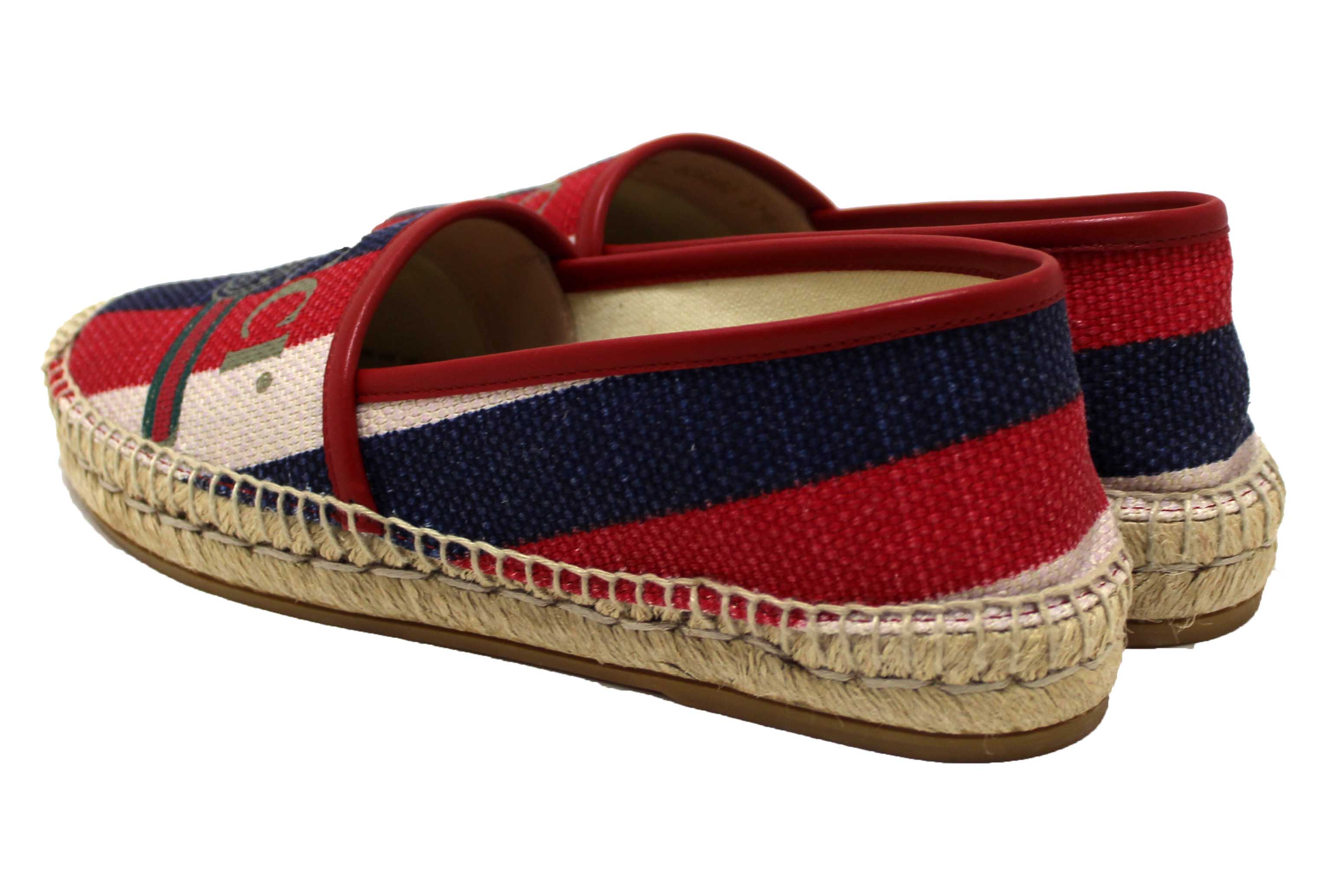 Authentic NEW Gucci Fabric Striped Red White Blue Espadrille Sandal Size 37.5