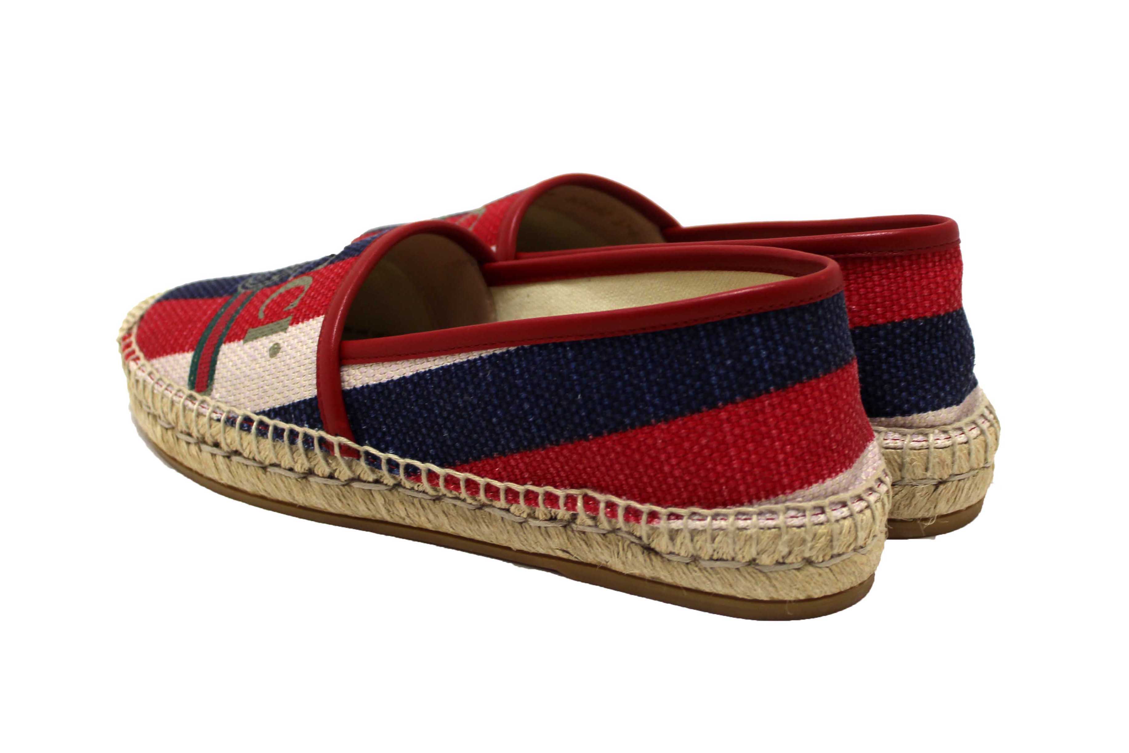 Authentic NEW Gucci Fabric Striped Red White Blue Espadrille Sandal Size 37.5