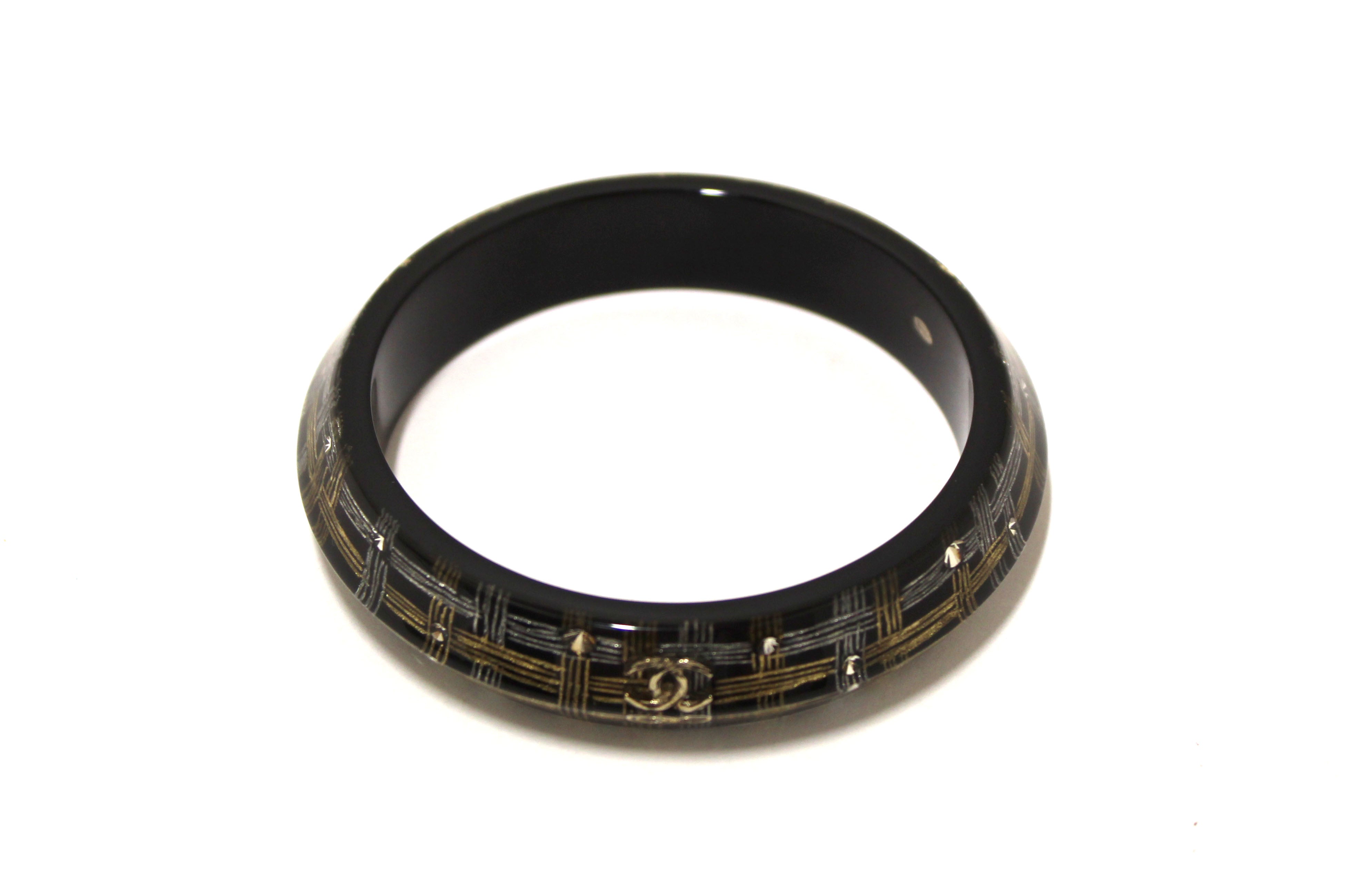 Authentic Chanel Black Resin and Crystal Bangle Bracelet