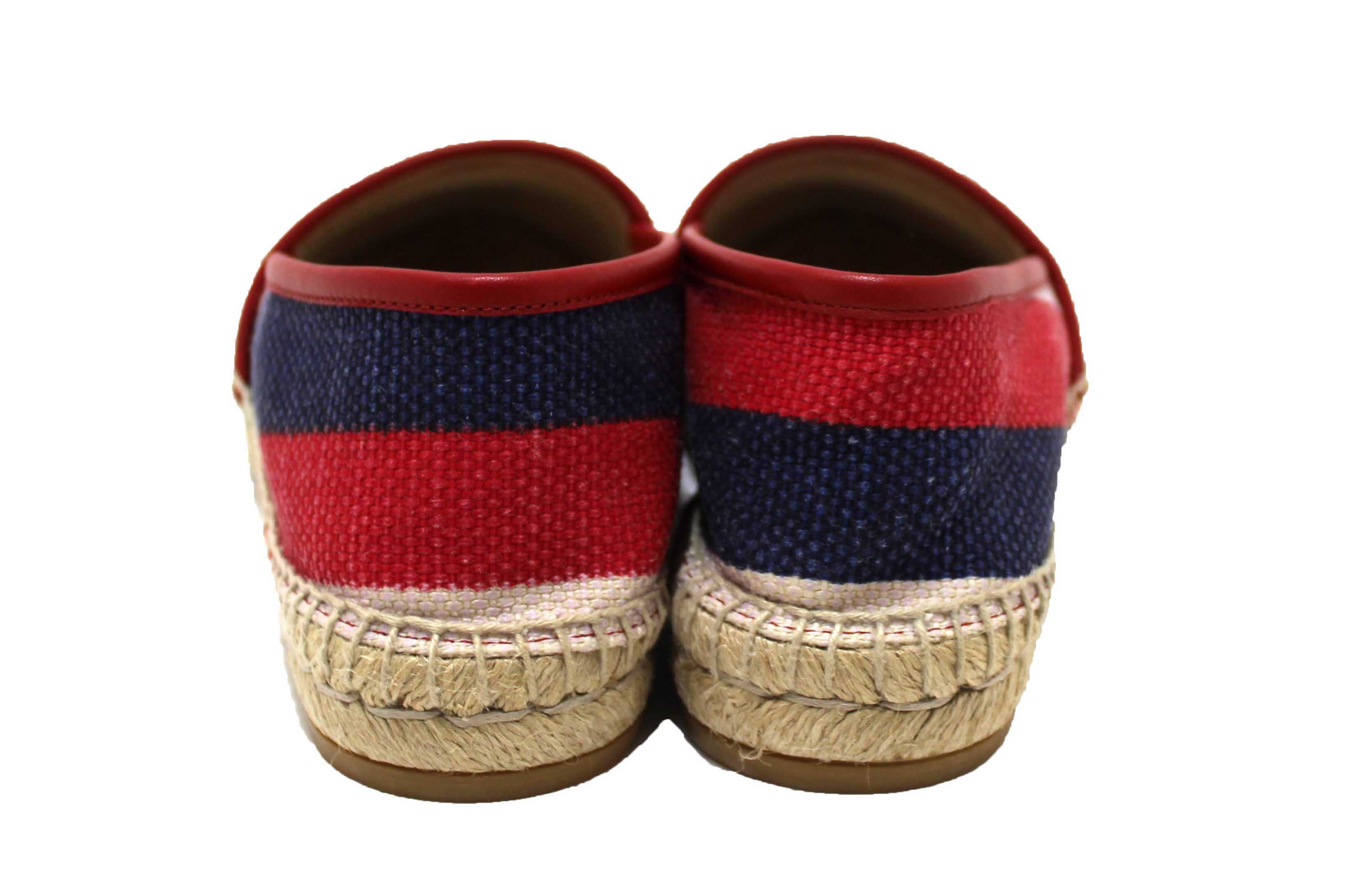 Authentic NEW Gucci Fabric Striped Red White Blue Espadrille Sandal Size 37.5