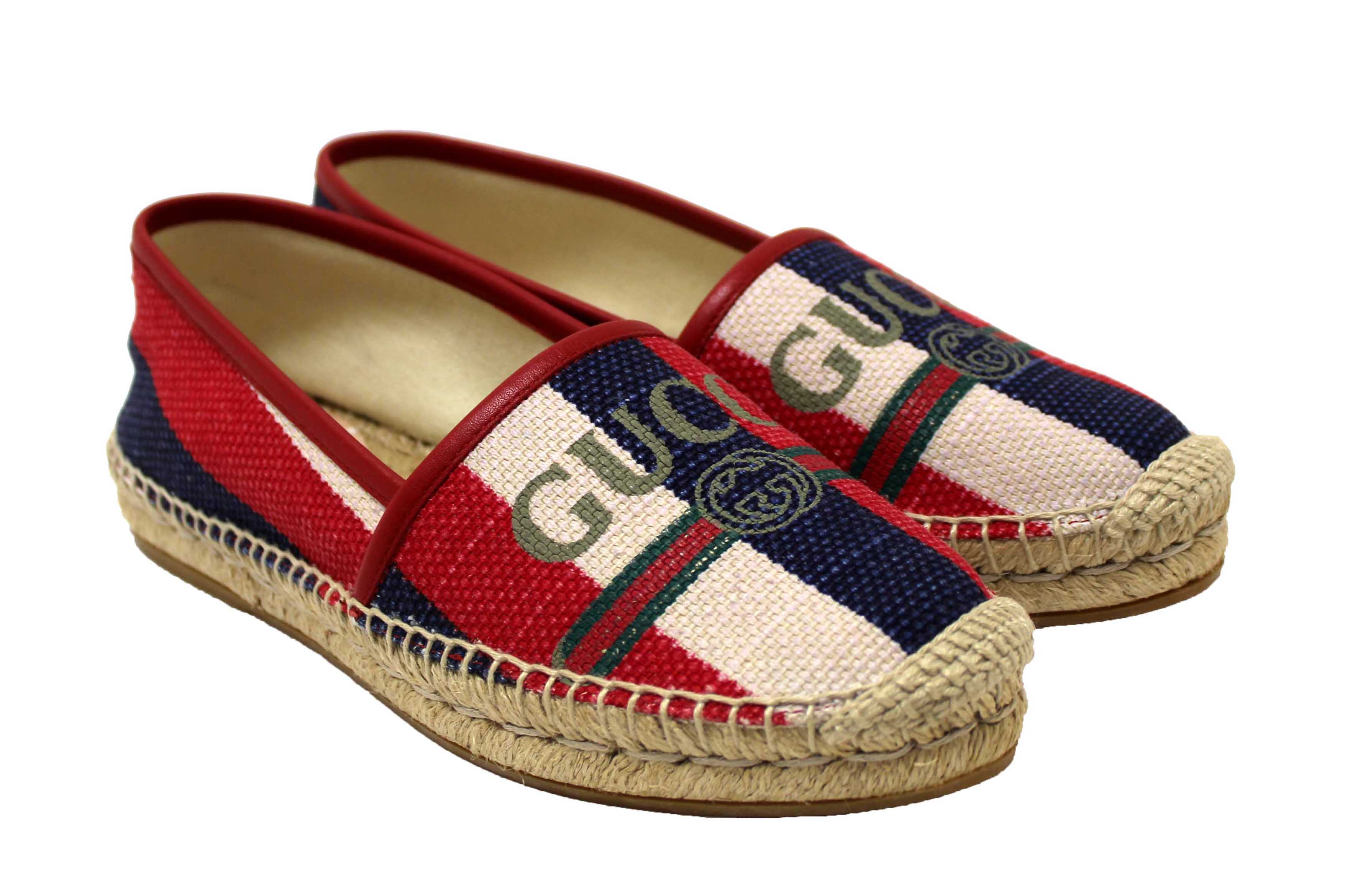 Authentic NEW Gucci Fabric Striped Red White Blue Espadrille Sandal Size 37.5
