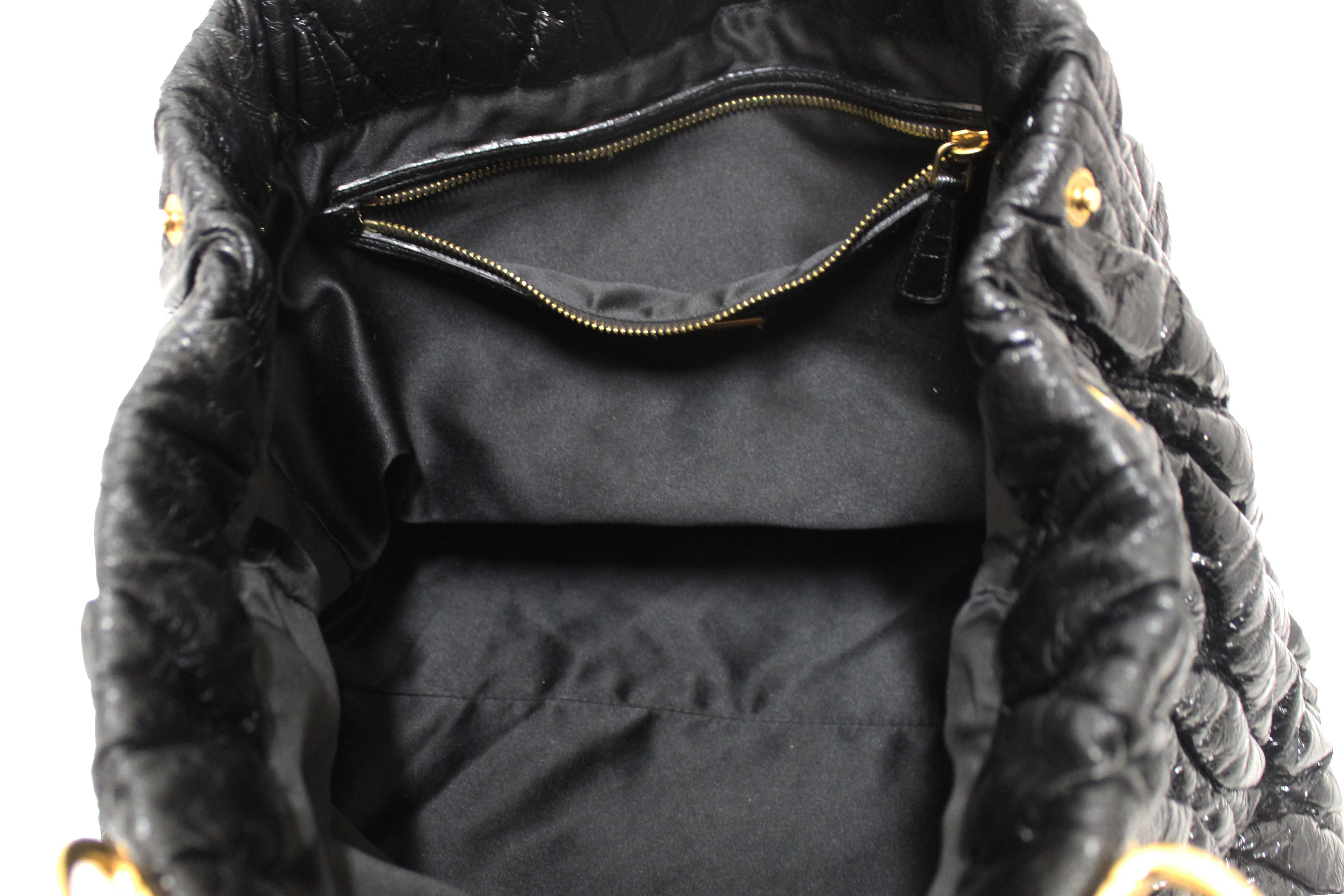 Authentic Miu Miu Black Matelasse Distressed Leather Large Tote