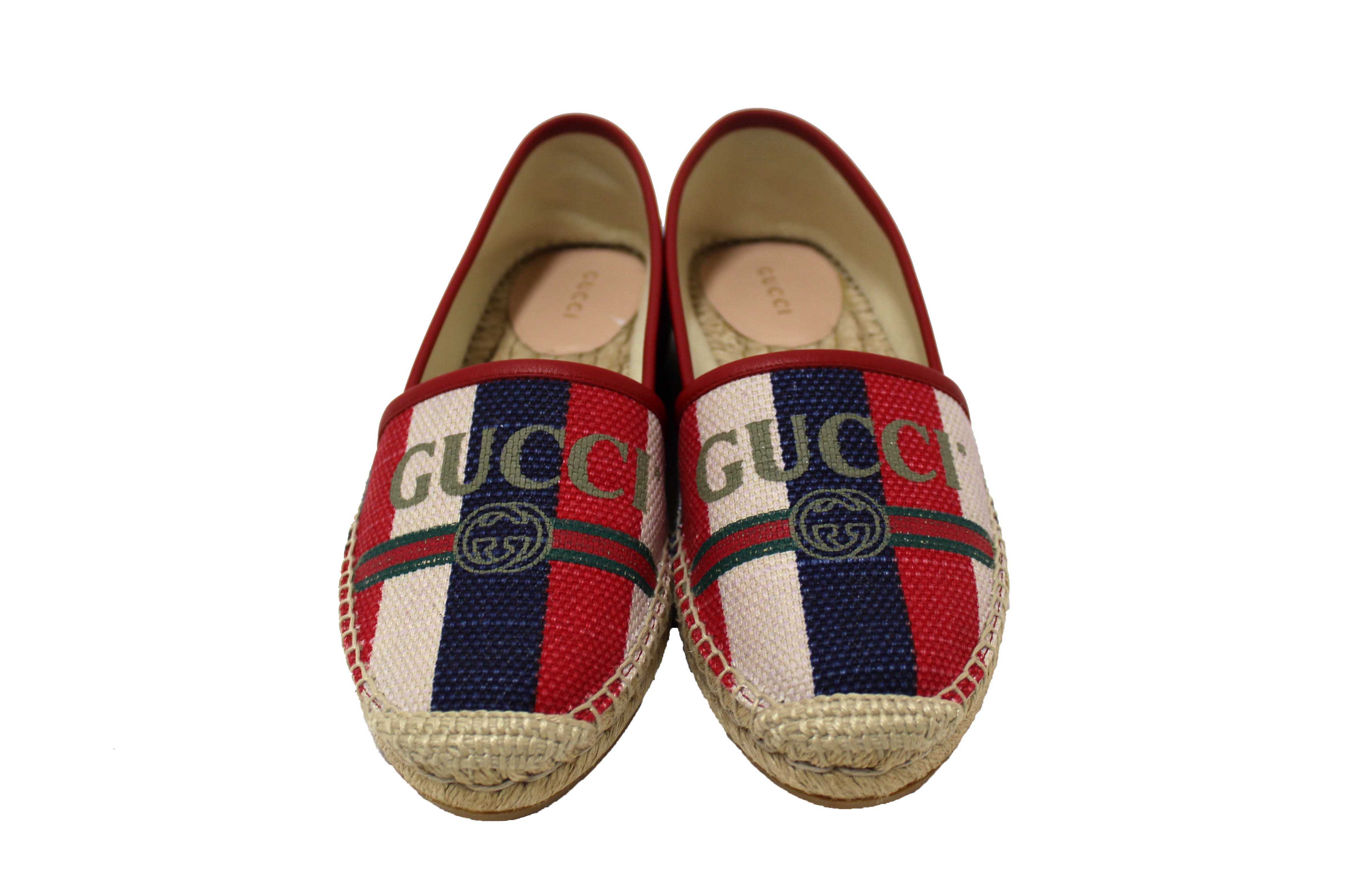 Authentic NEW Gucci Fabric Striped Red White Blue Espadrille Sandal Size 37.5