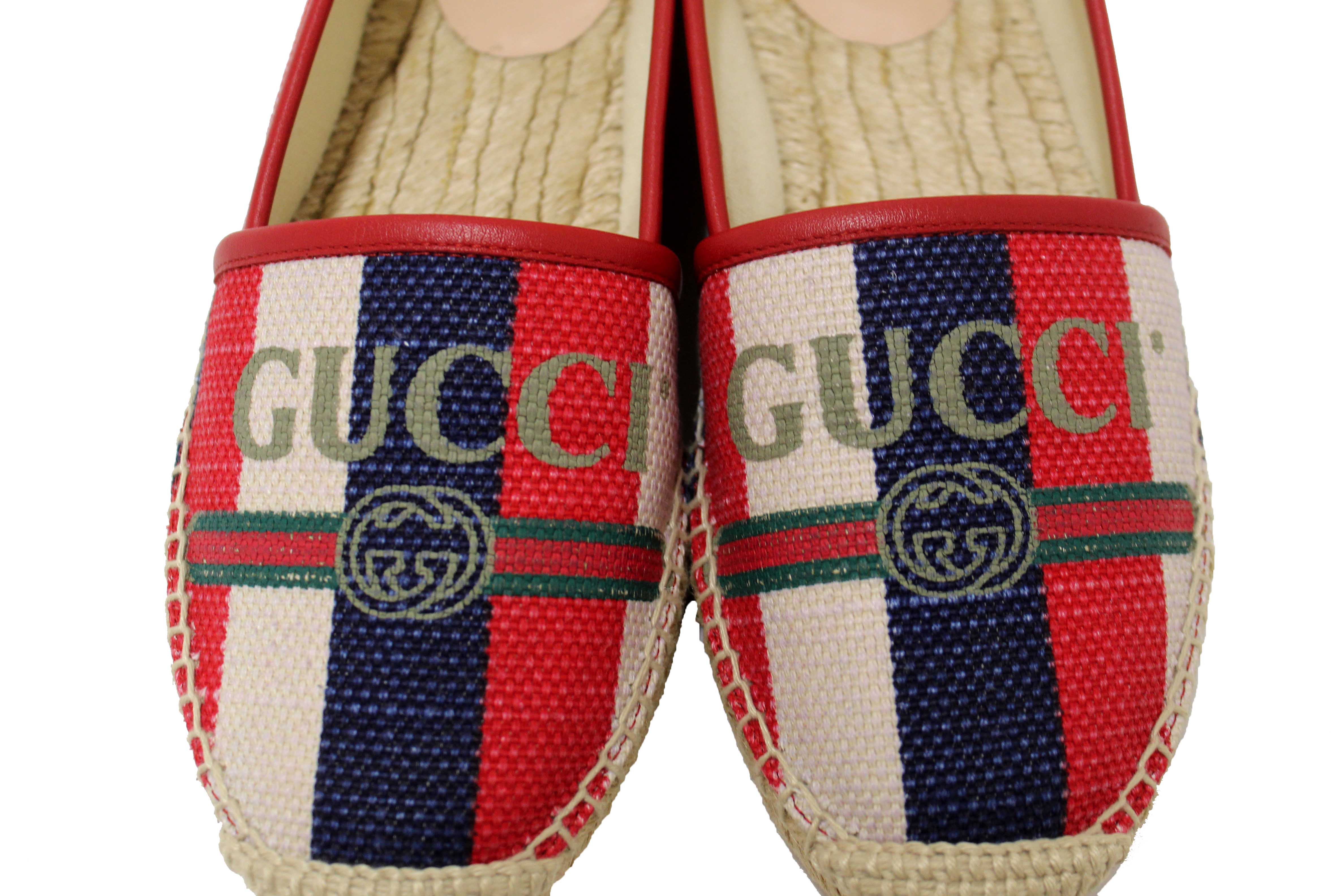 Authentic NEW Gucci Fabric Striped Red White Blue Espadrille Sandal Size 37.5