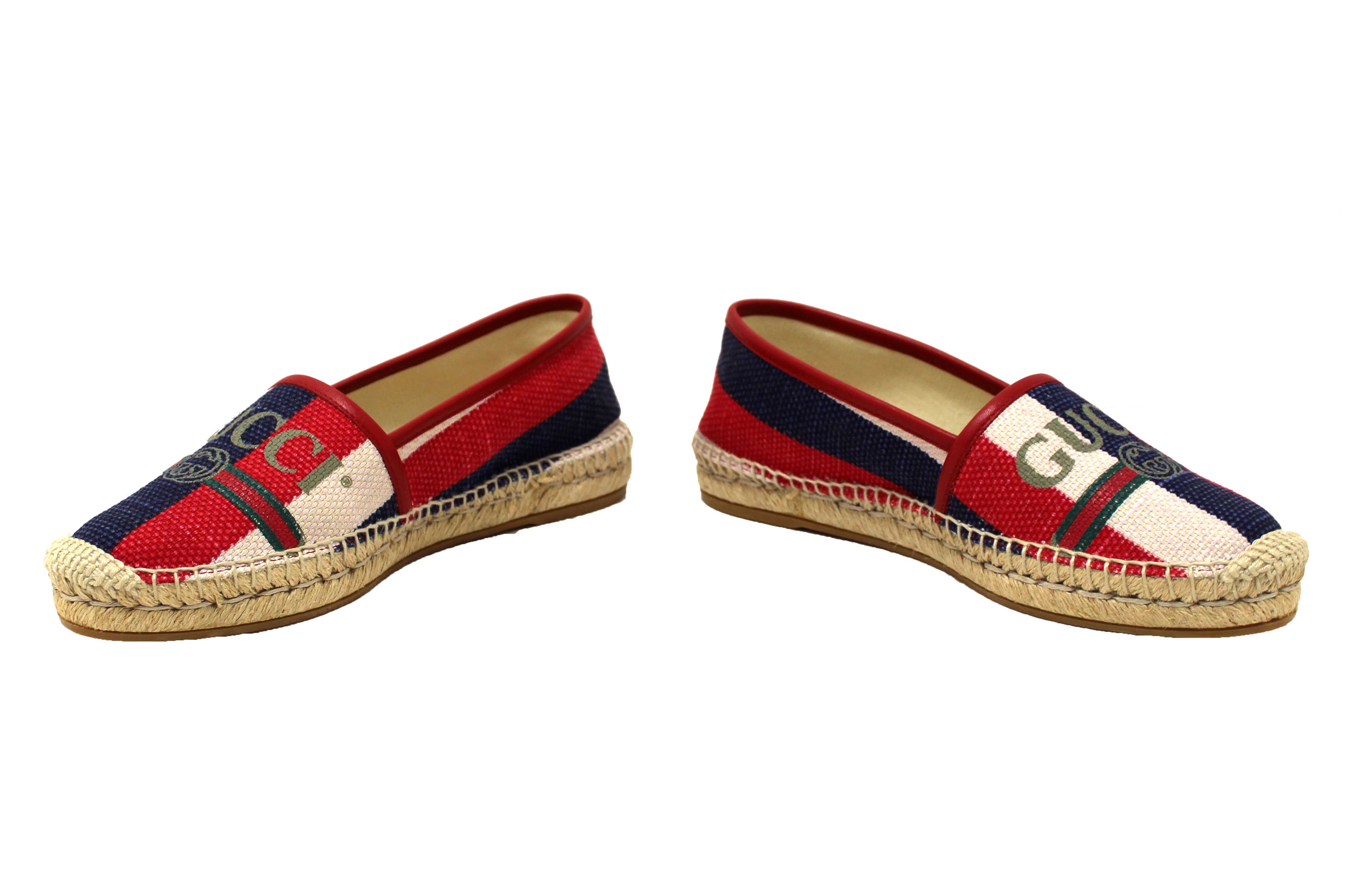 Authentic NEW Gucci Fabric Striped Red White Blue Espadrille Sandal Size 37.5