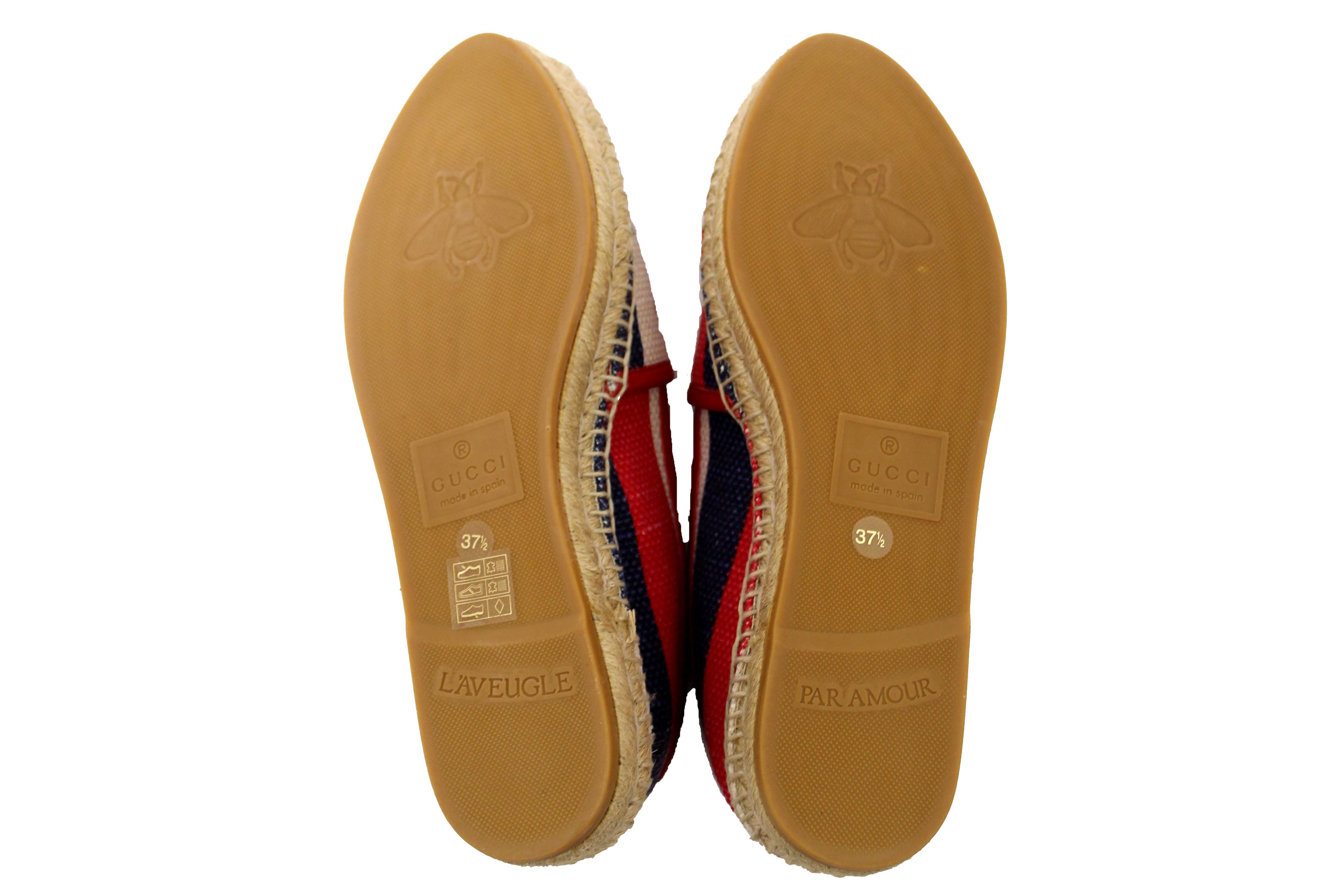 Authentic NEW Gucci Fabric Striped Red White Blue Espadrille Sandal Size 37.5
