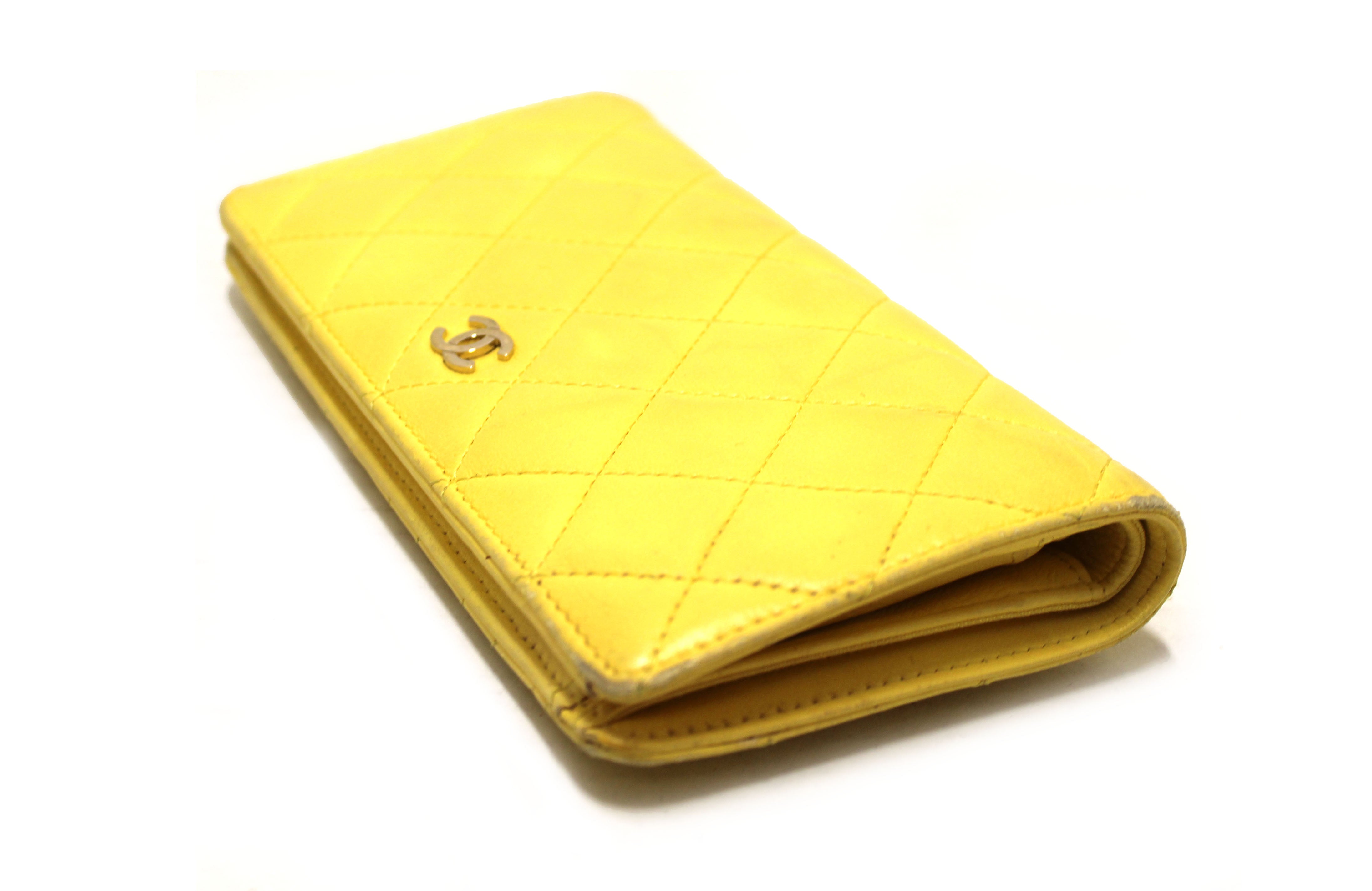 Authentic Chanel Yellow Quilted Lambskin Leather Wallet