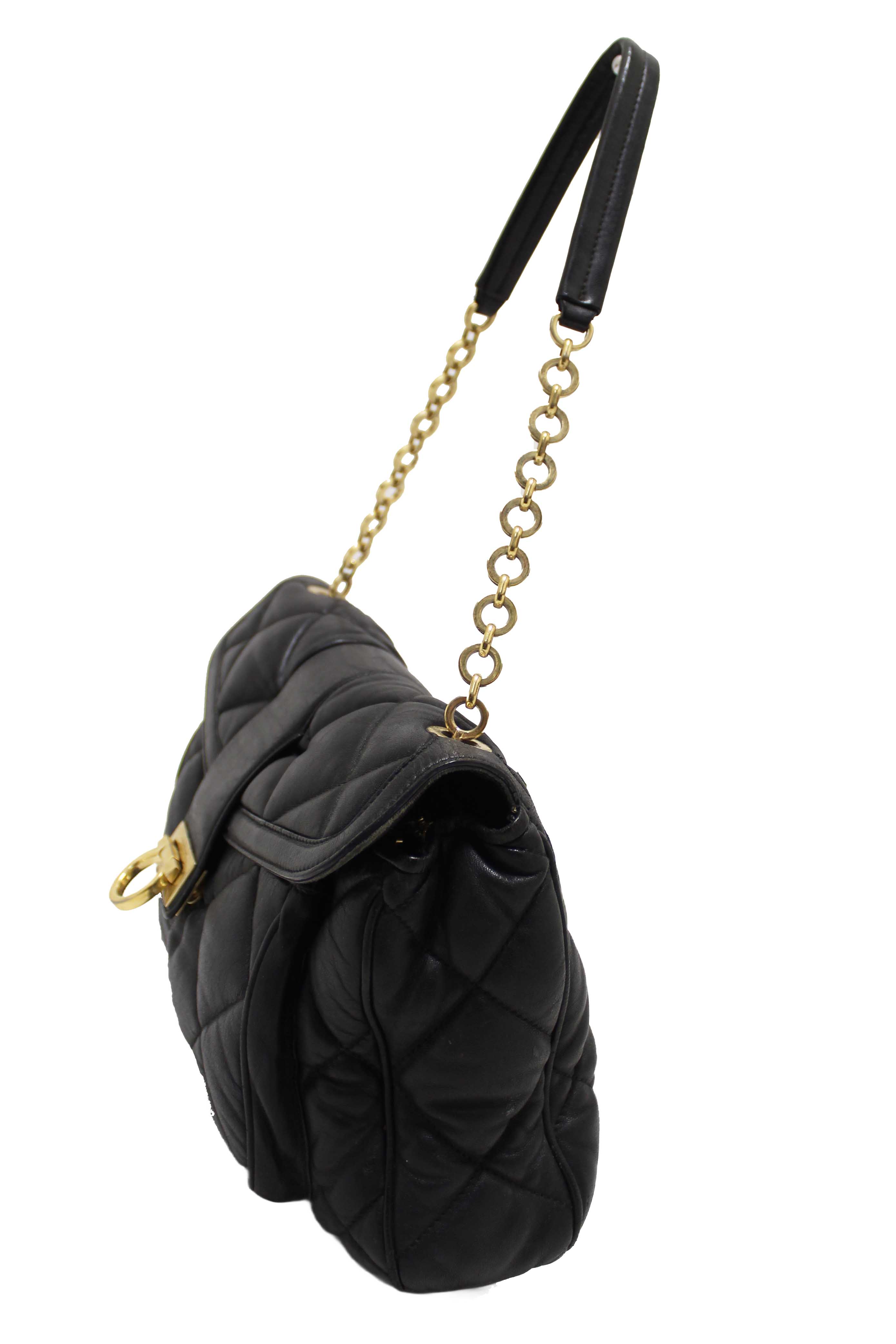 Authentic Salvatore Ferragamo Black Gancini Quilted Leather Flap Shoulder Bag