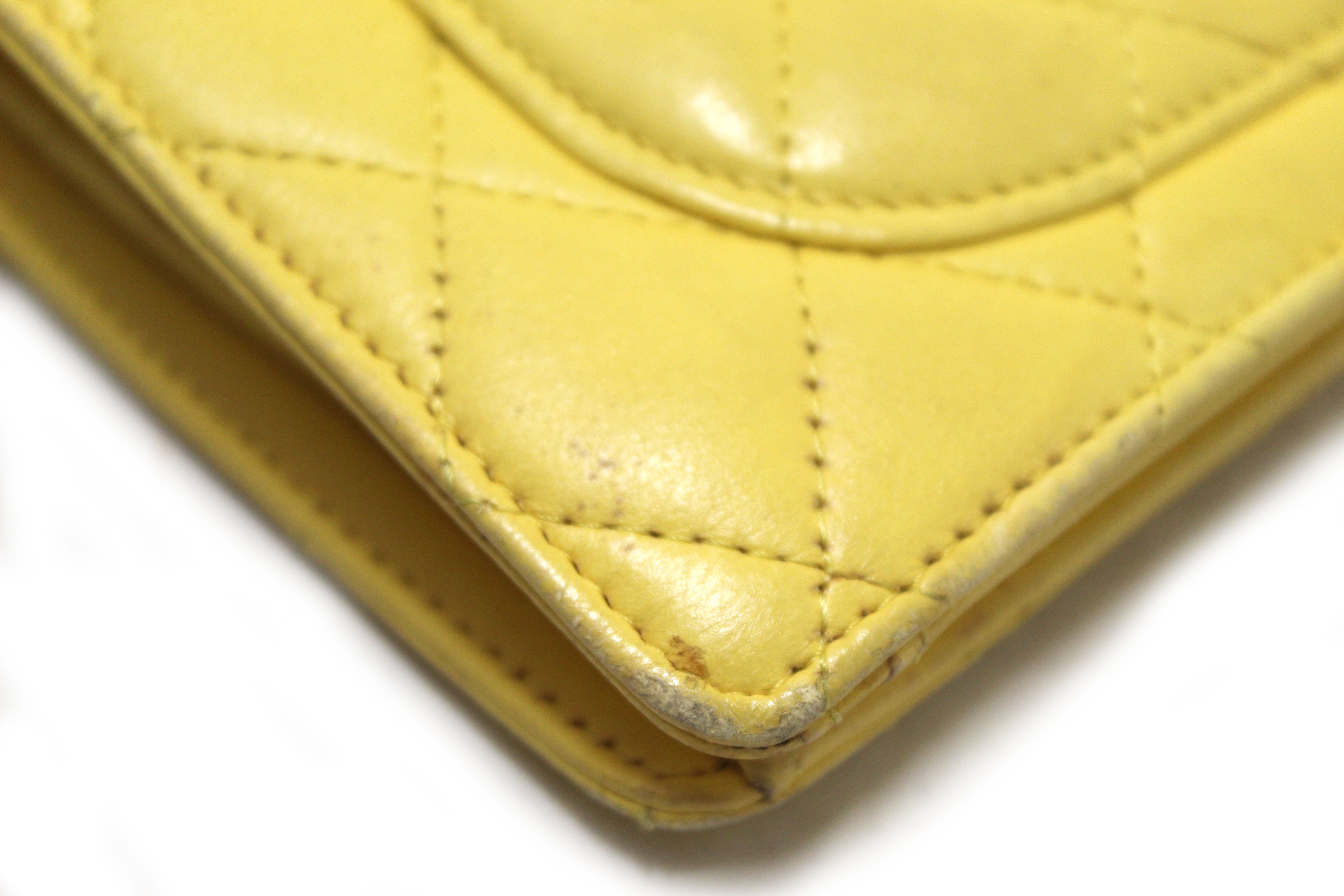 Authentic Chanel Yellow Quilted Lambskin Leather Wallet
