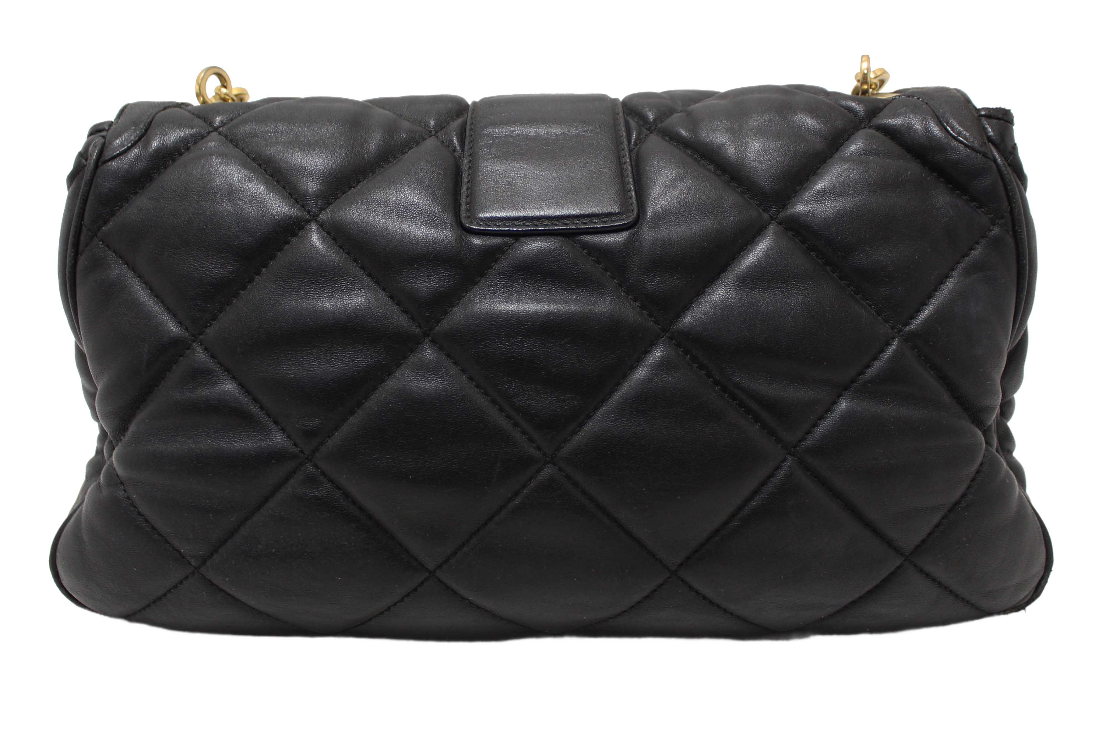 Authentic Salvatore Ferragamo Black Gancini Quilted Leather Flap Shoulder Bag