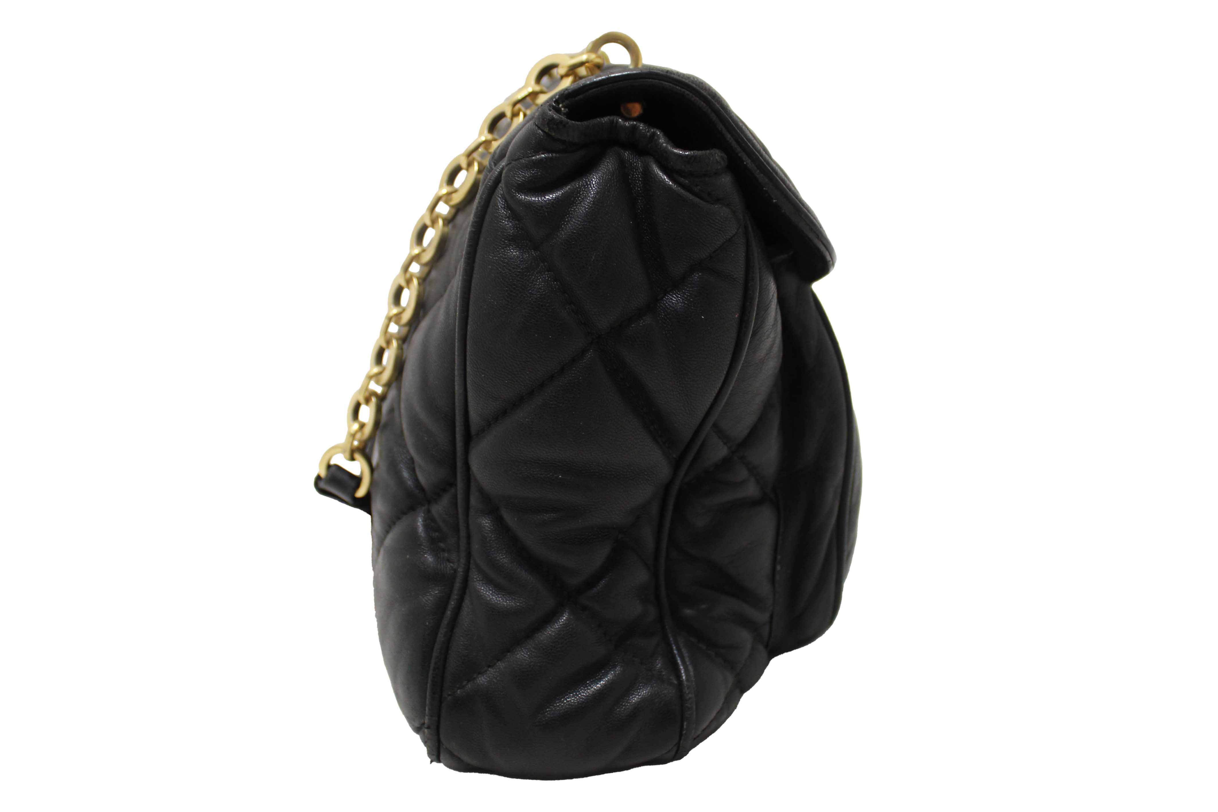 Authentic Salvatore Ferragamo Black Gancini Quilted Leather Flap Shoulder Bag