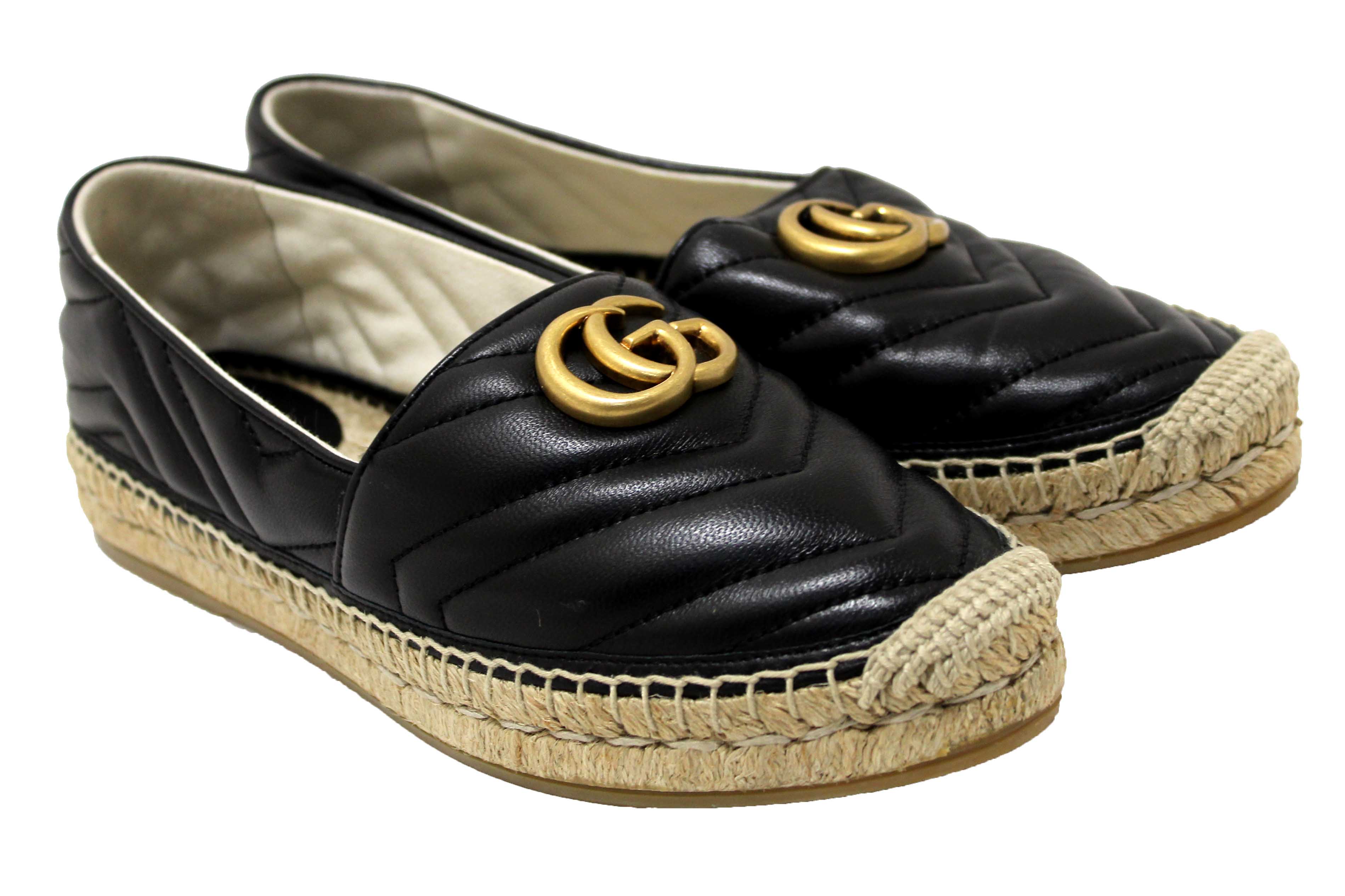 Authentic NEW Gucci Black Quilted Soft Leather Espadrille Sandal Size 38