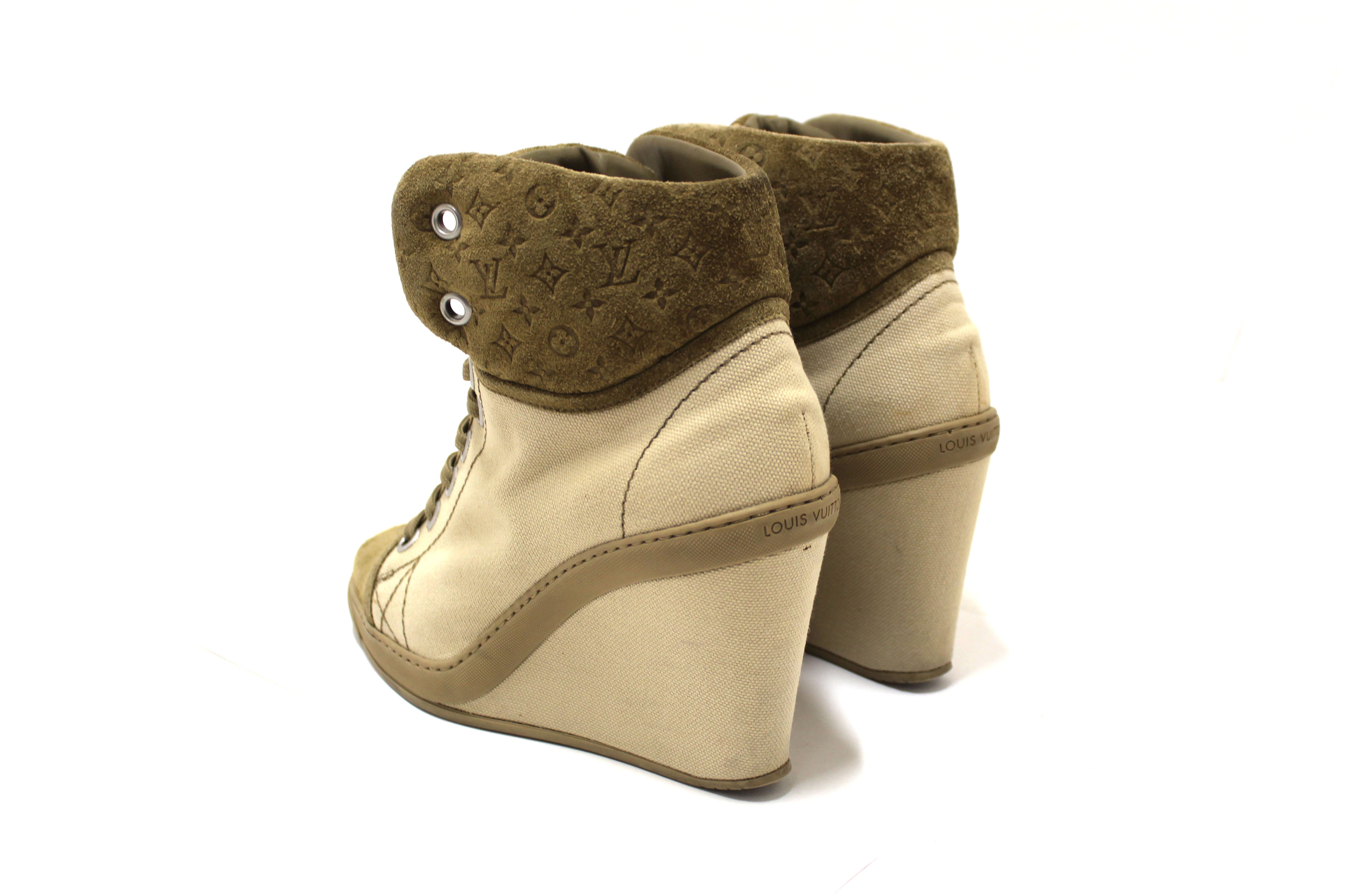 Authentic Louis Vuitton Beige Suede Batignolles Wedge Shoes Size 38