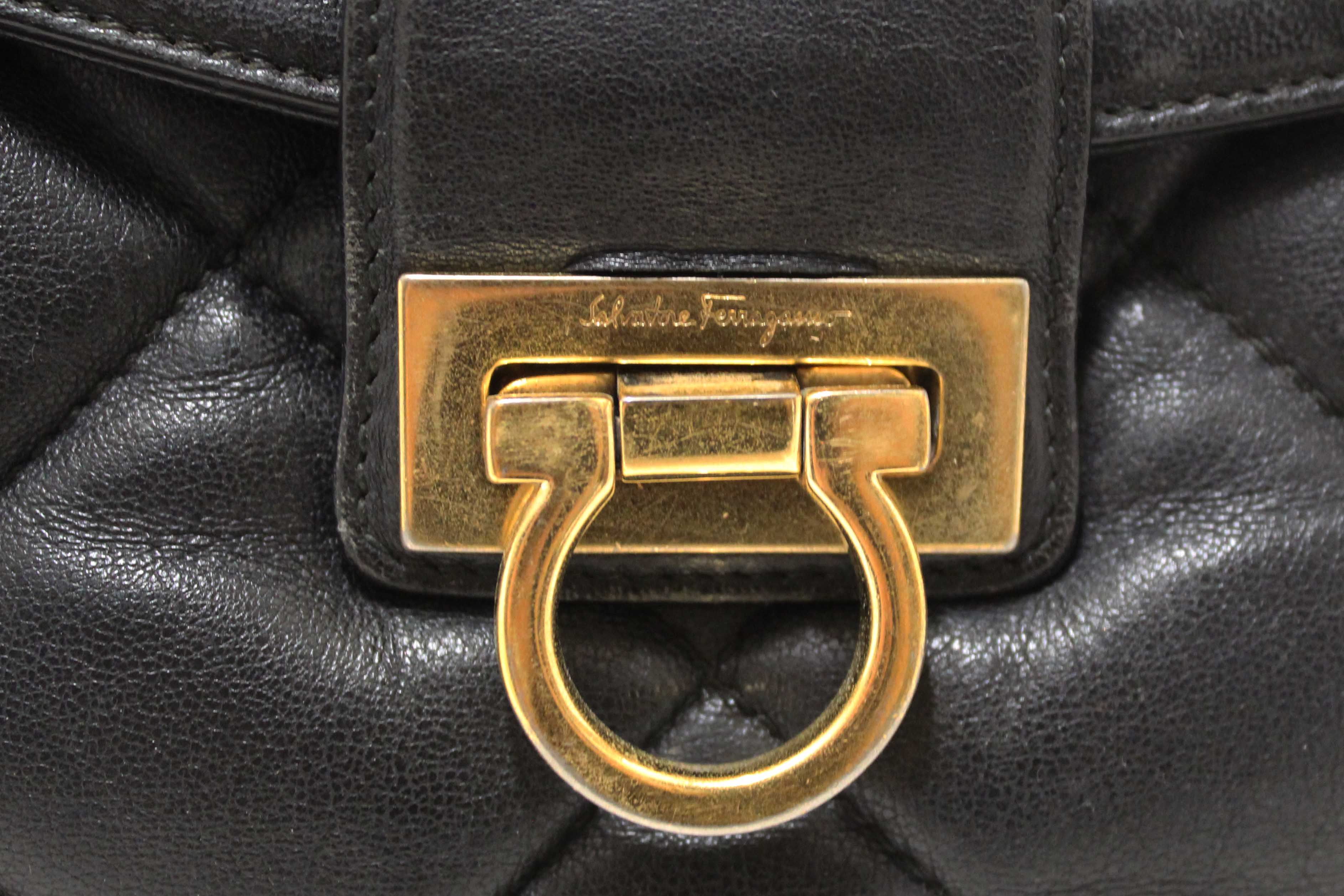 Authentic Salvatore Ferragamo Black Gancini Quilted Leather Flap Shoulder Bag