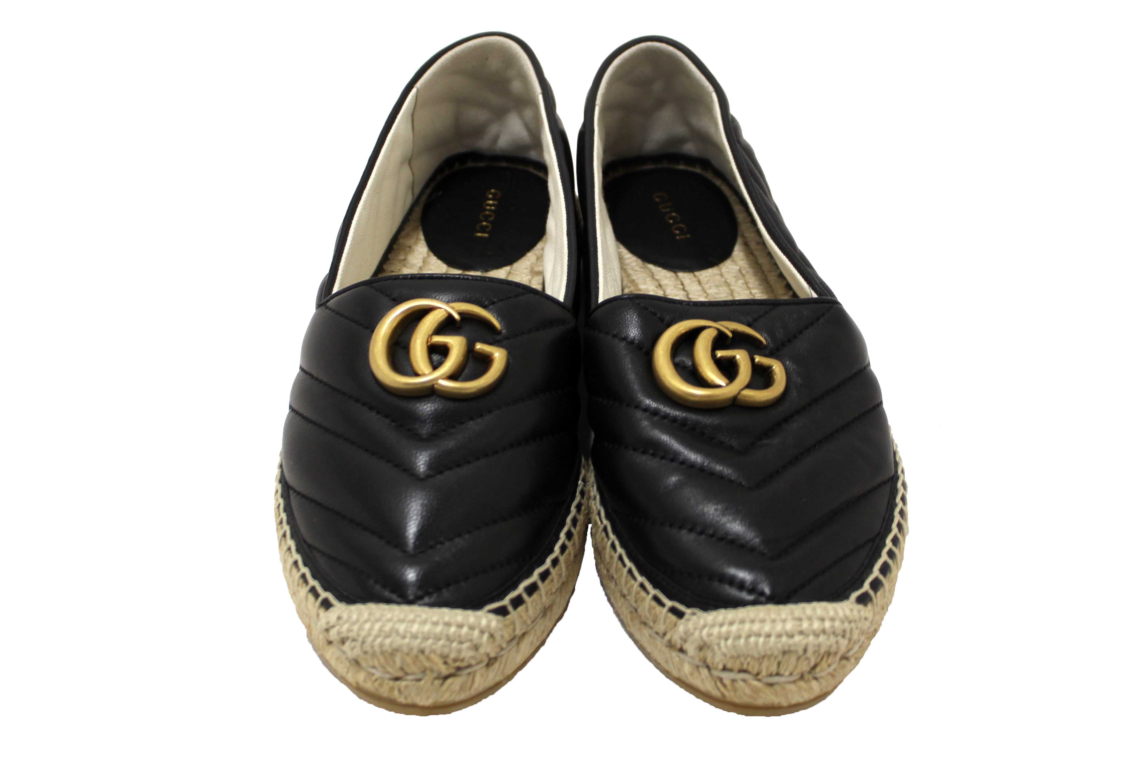 Authentic NEW Gucci Black Quilted Soft Leather Espadrille Sandal Size 38