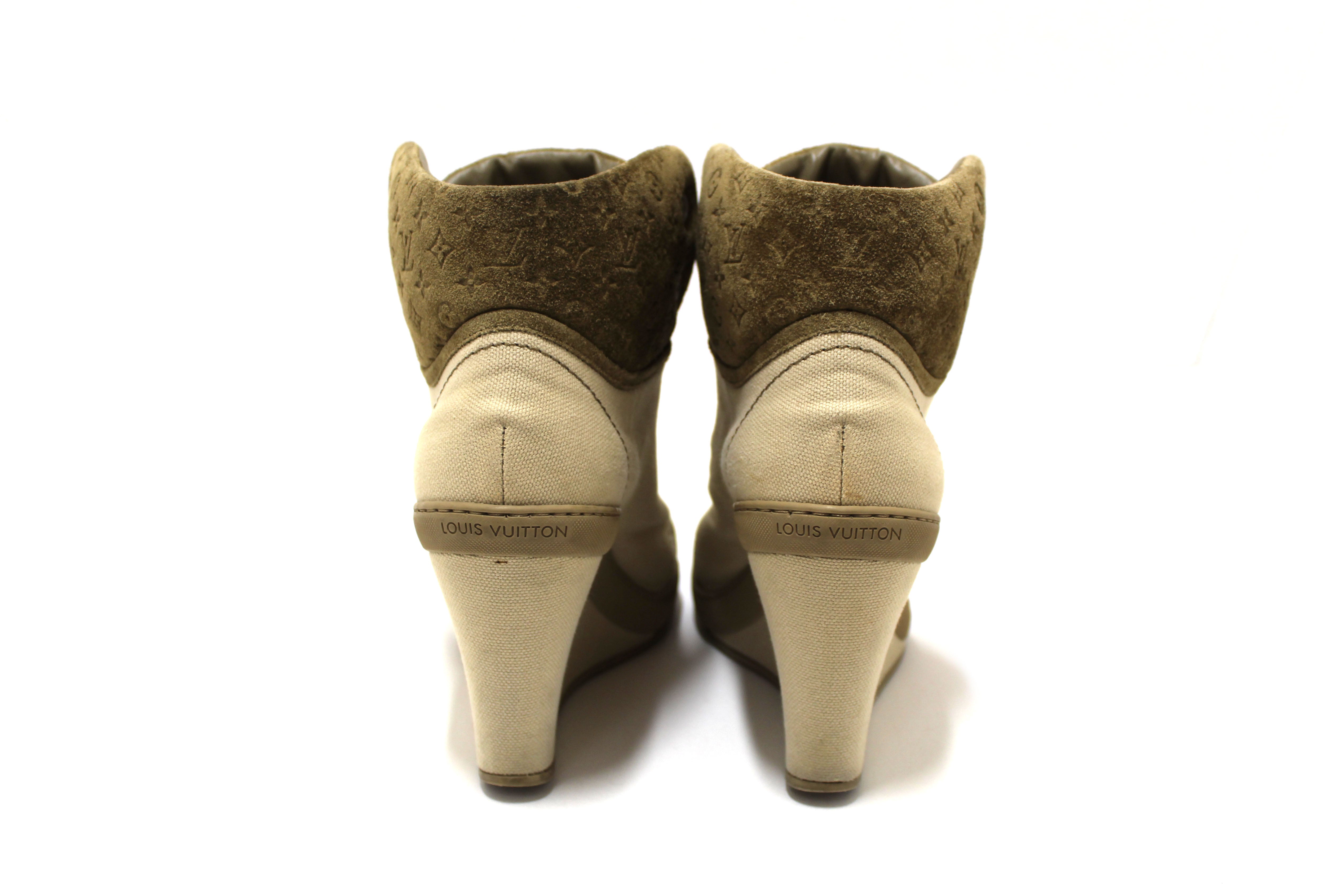 Authentic Louis Vuitton Beige Suede Batignolles Wedge Shoes Size 38