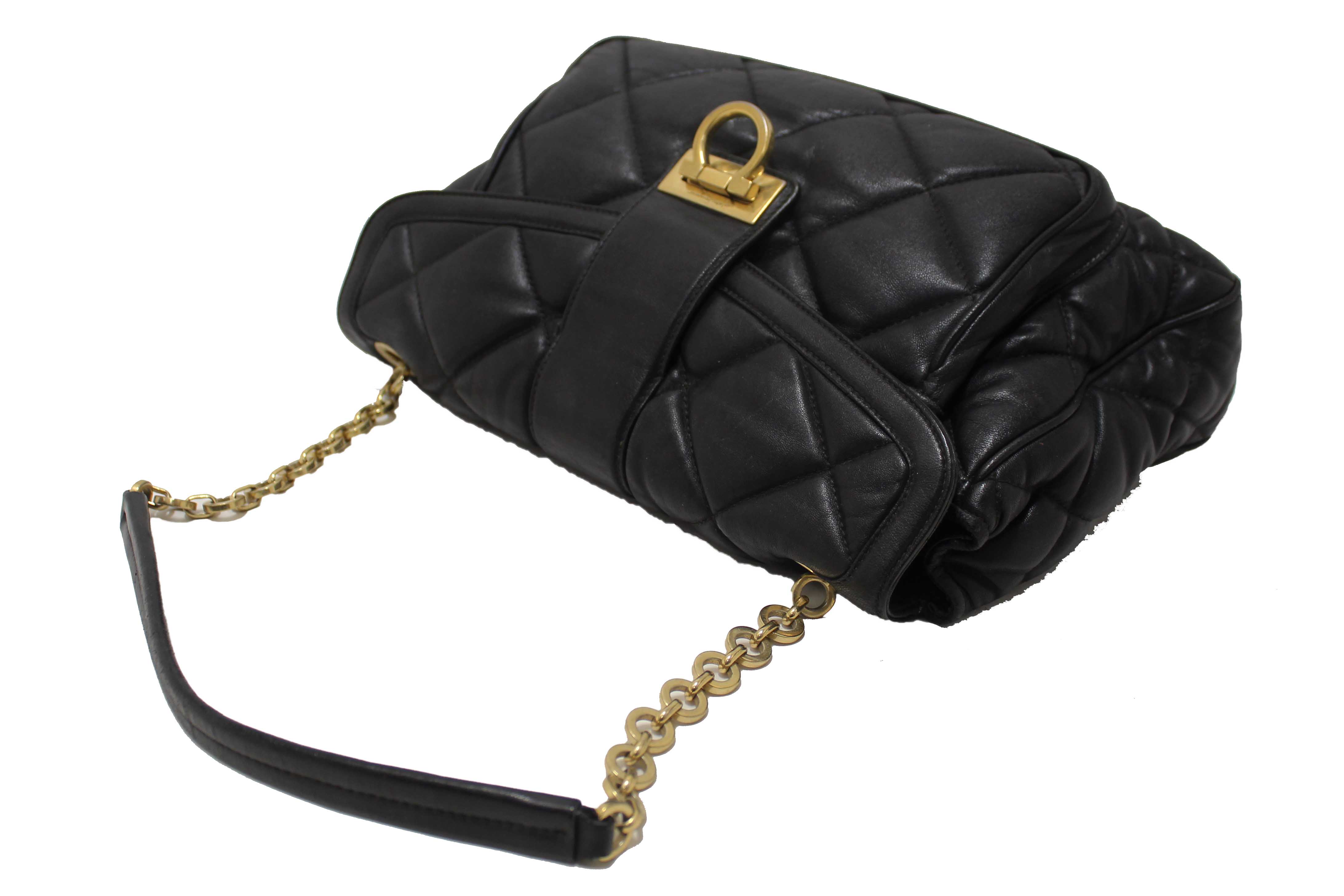 Authentic Salvatore Ferragamo Black Gancini Quilted Leather Flap Shoulder Bag