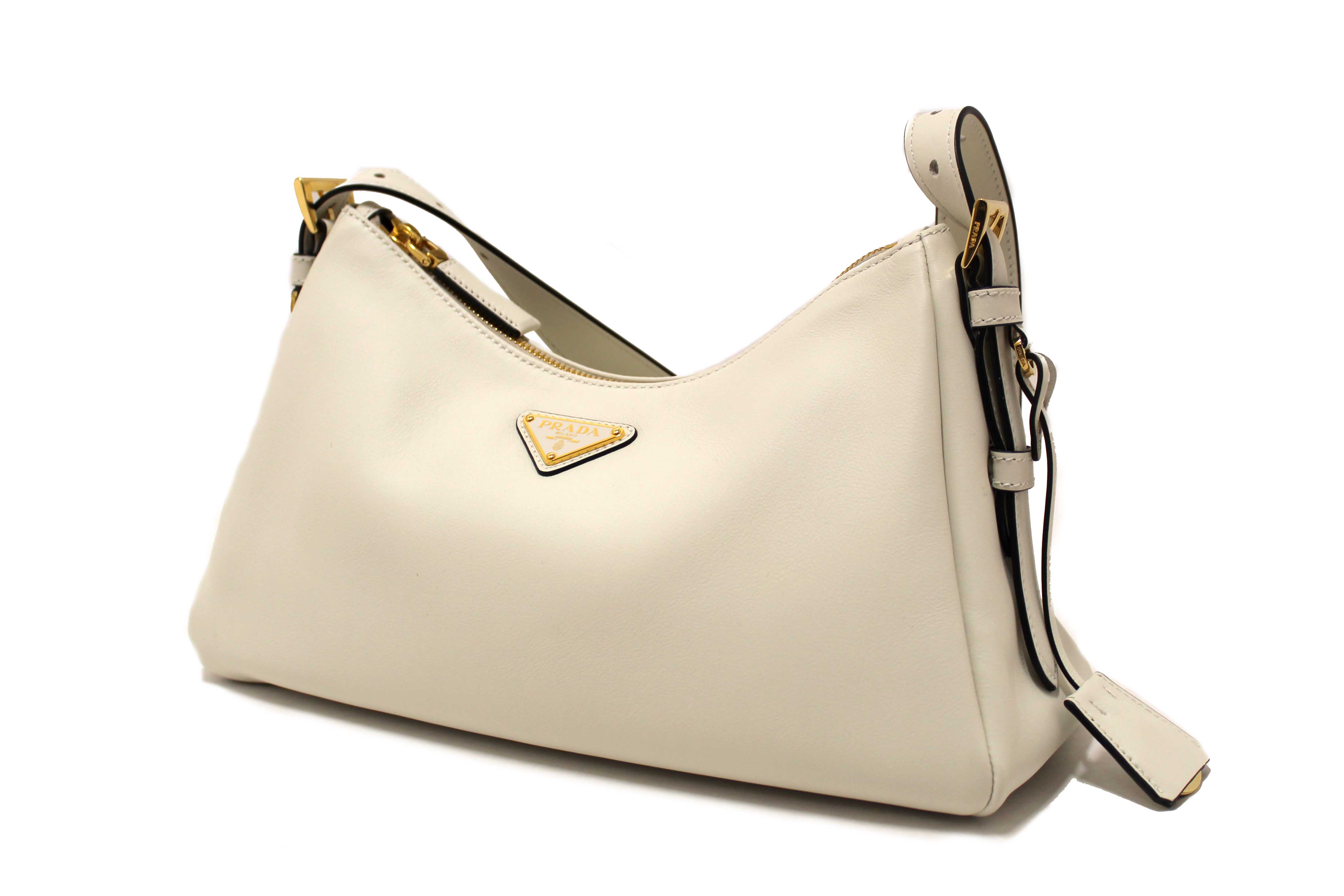 Authentic Prada White Calfskin Leather Aimée Medium Shoulder Bag