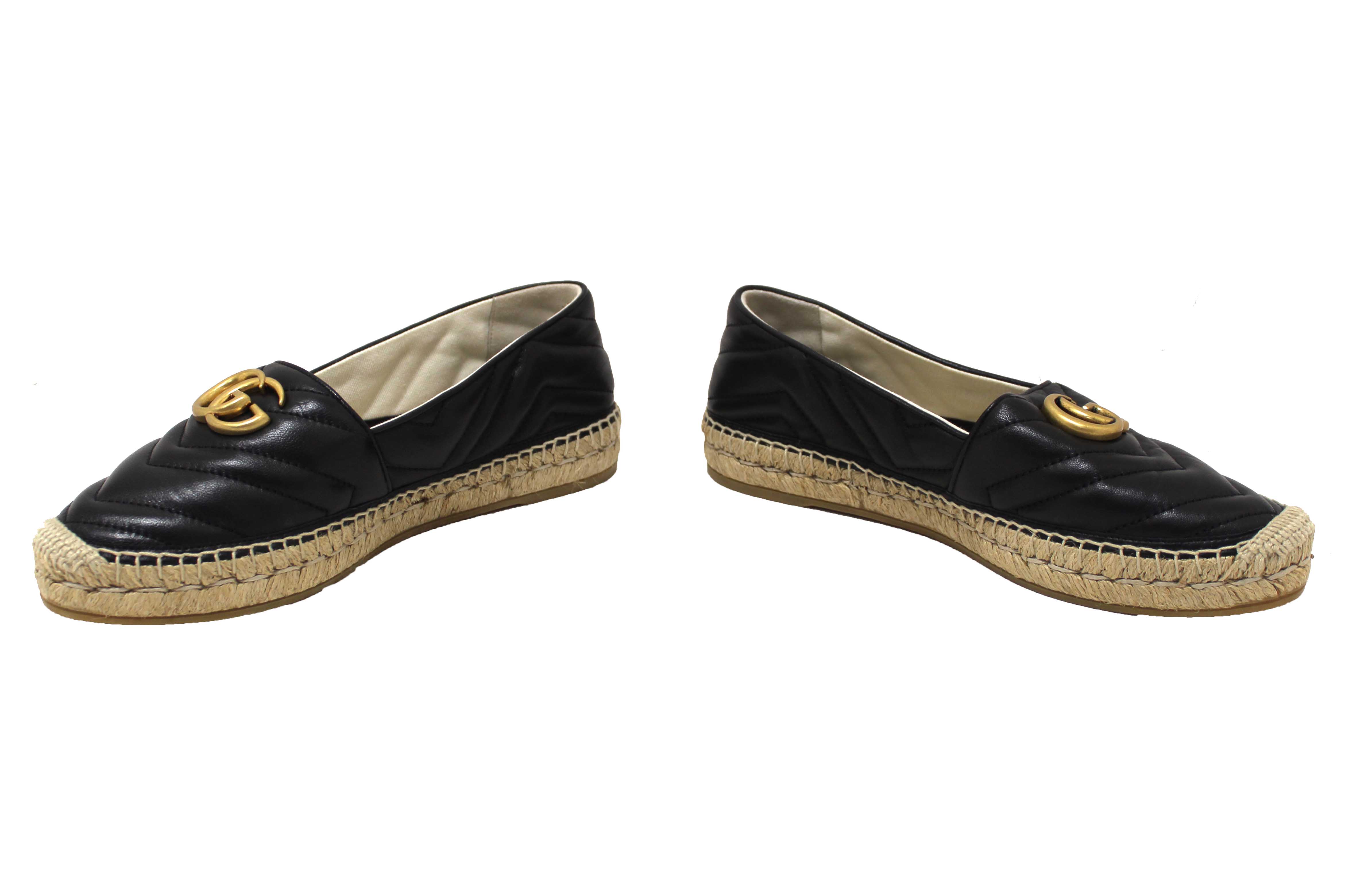 Authentic NEW Gucci Black Quilted Soft Leather Espadrille Sandal Size 38