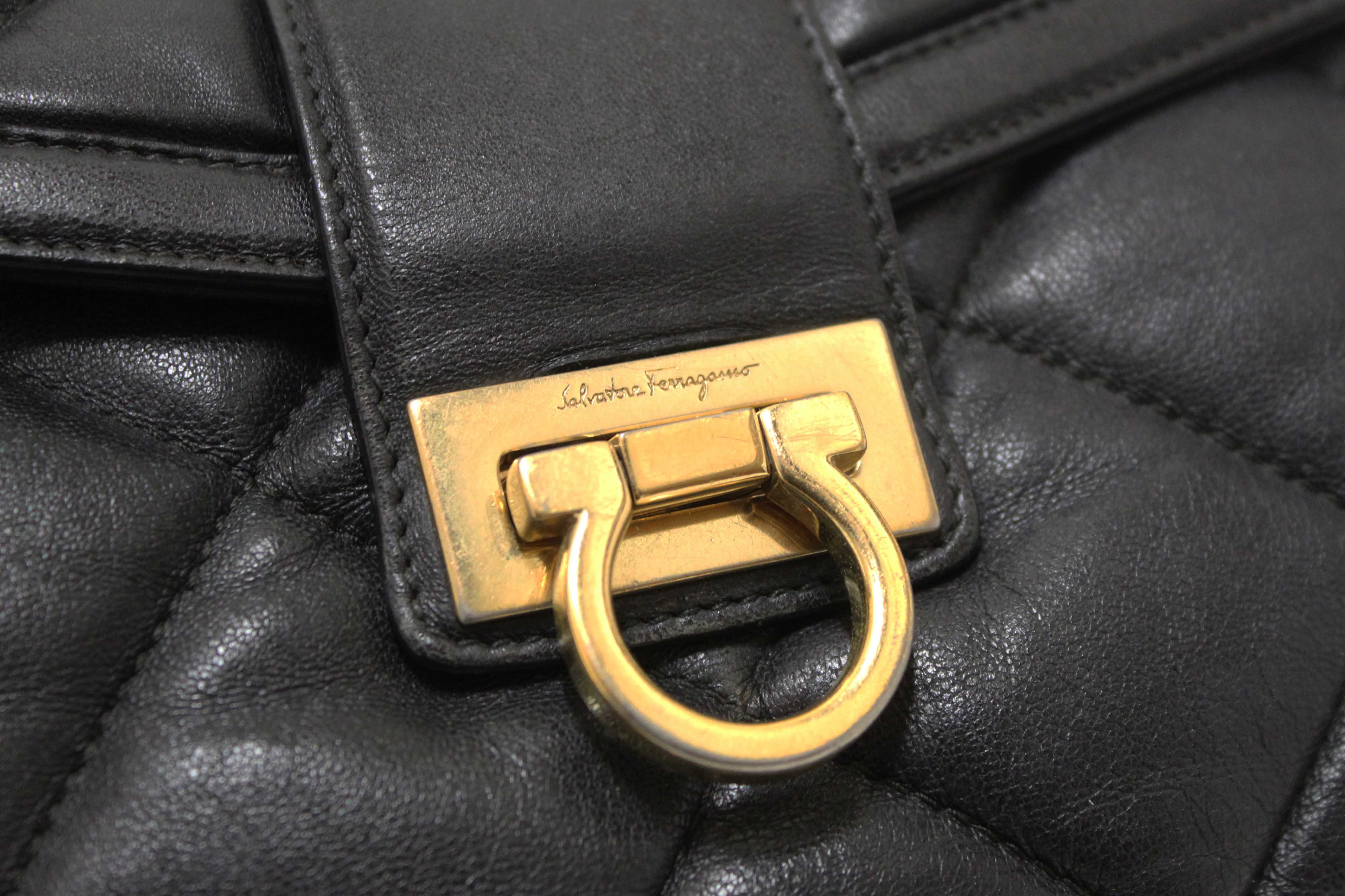 Authentic Salvatore Ferragamo Black Gancini Quilted Leather Flap Shoulder Bag