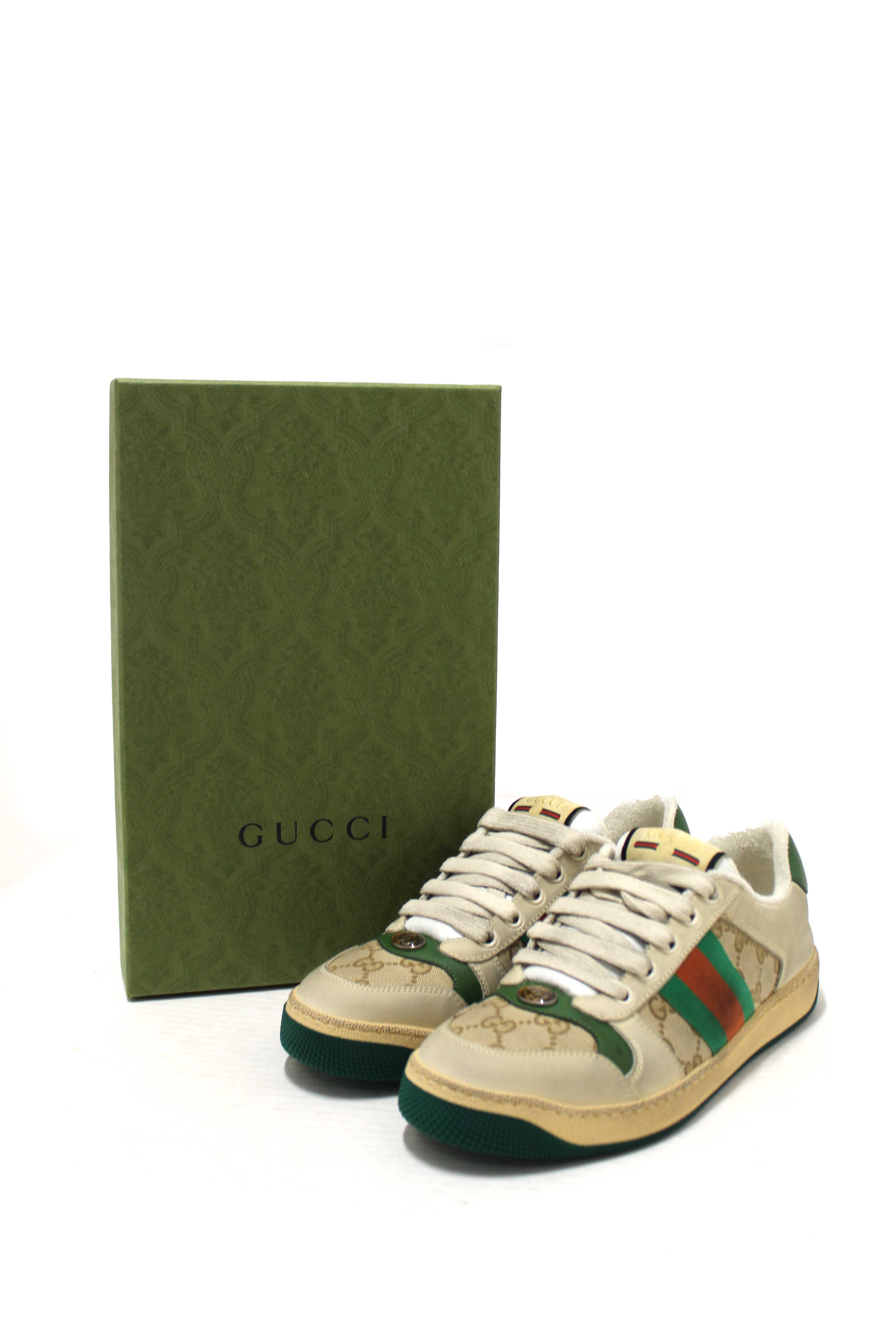 Authentic NEW Gucci Green And Red Web Stripe Screener Sneakers Shoes Size 37.5