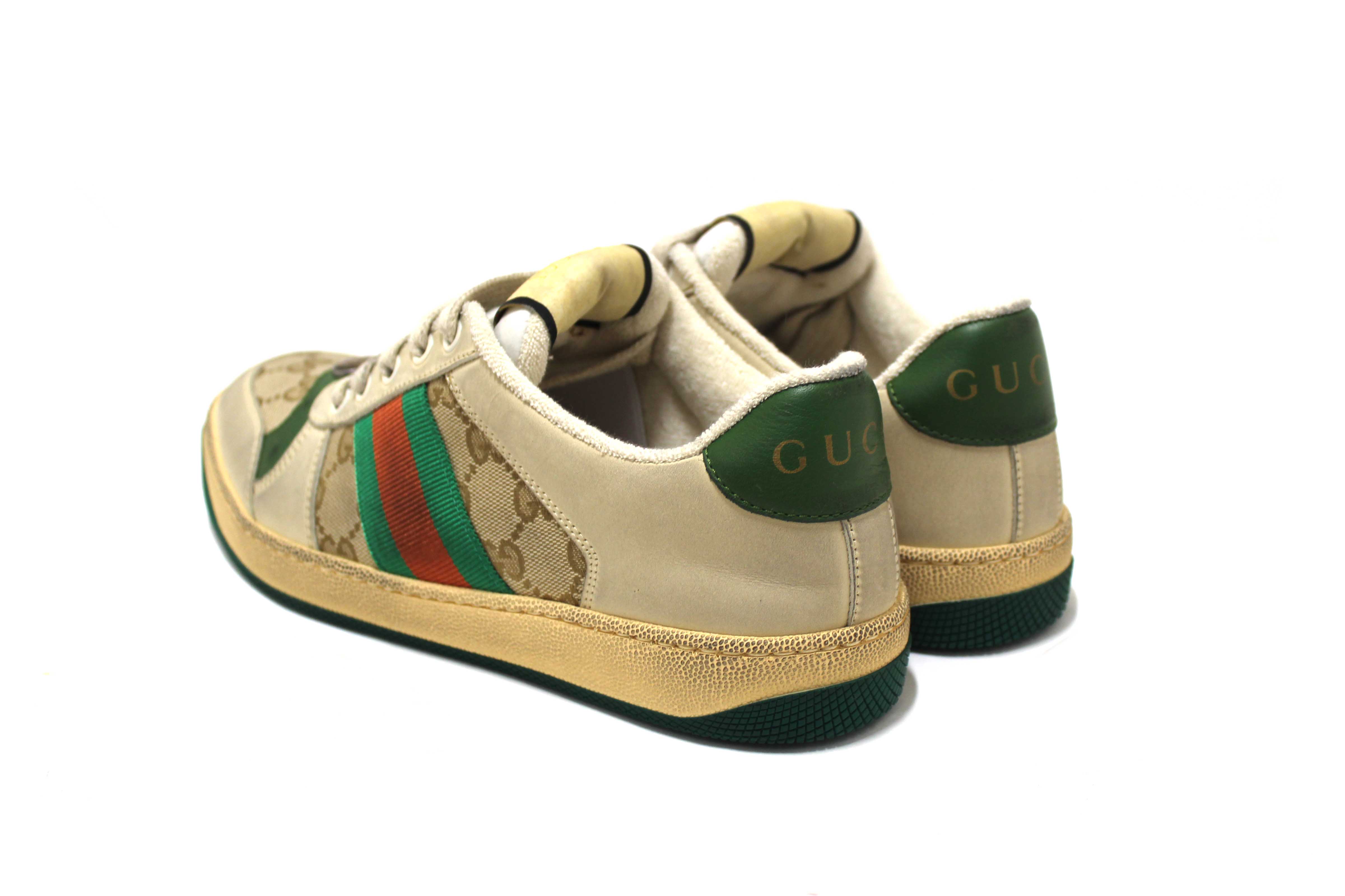 Authentic NEW Gucci Green And Red Web Stripe Screener Sneakers Shoes Size 37.5