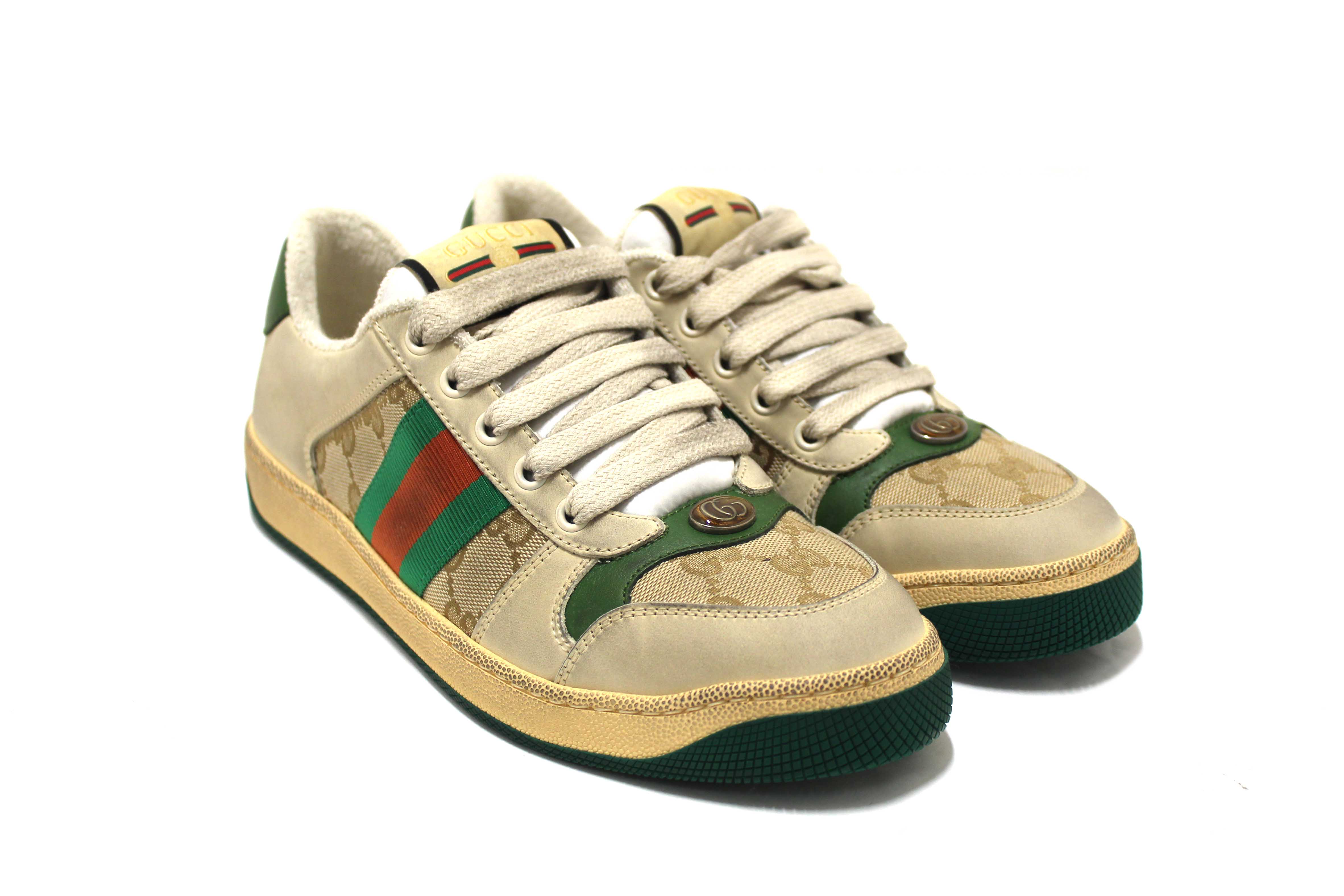 Authentic NEW Gucci Green And Red Web Stripe Screener Sneakers Shoes Size 37.5