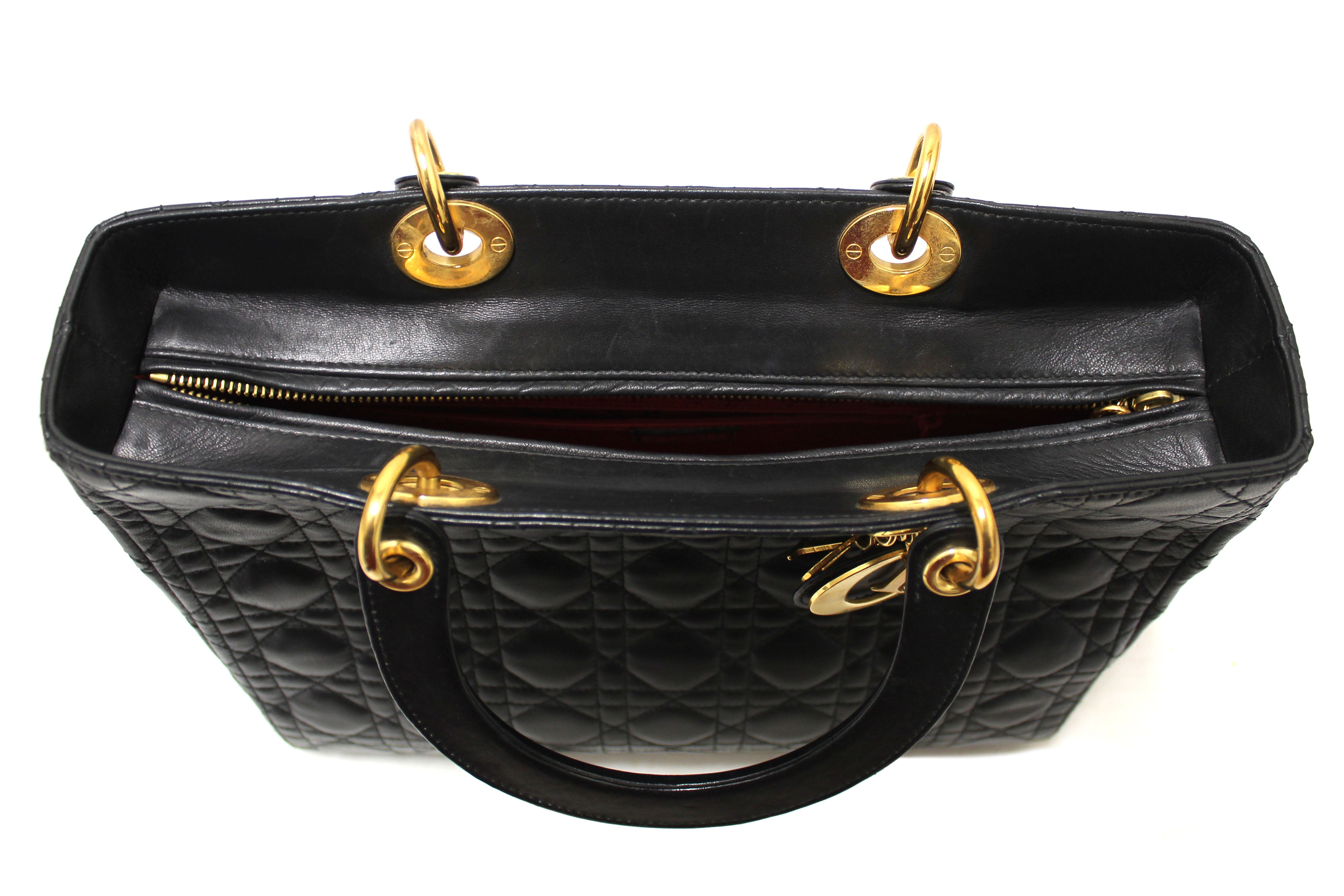 Authentic Christian Dior Black Cannage Lambskin Leather Large Lady Dior Bag