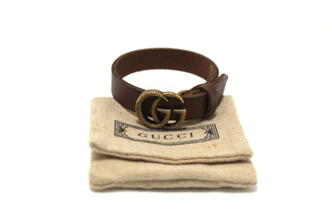 Authentic Gucci Brown Leather Double G Engraving Bracelet Size S 648702