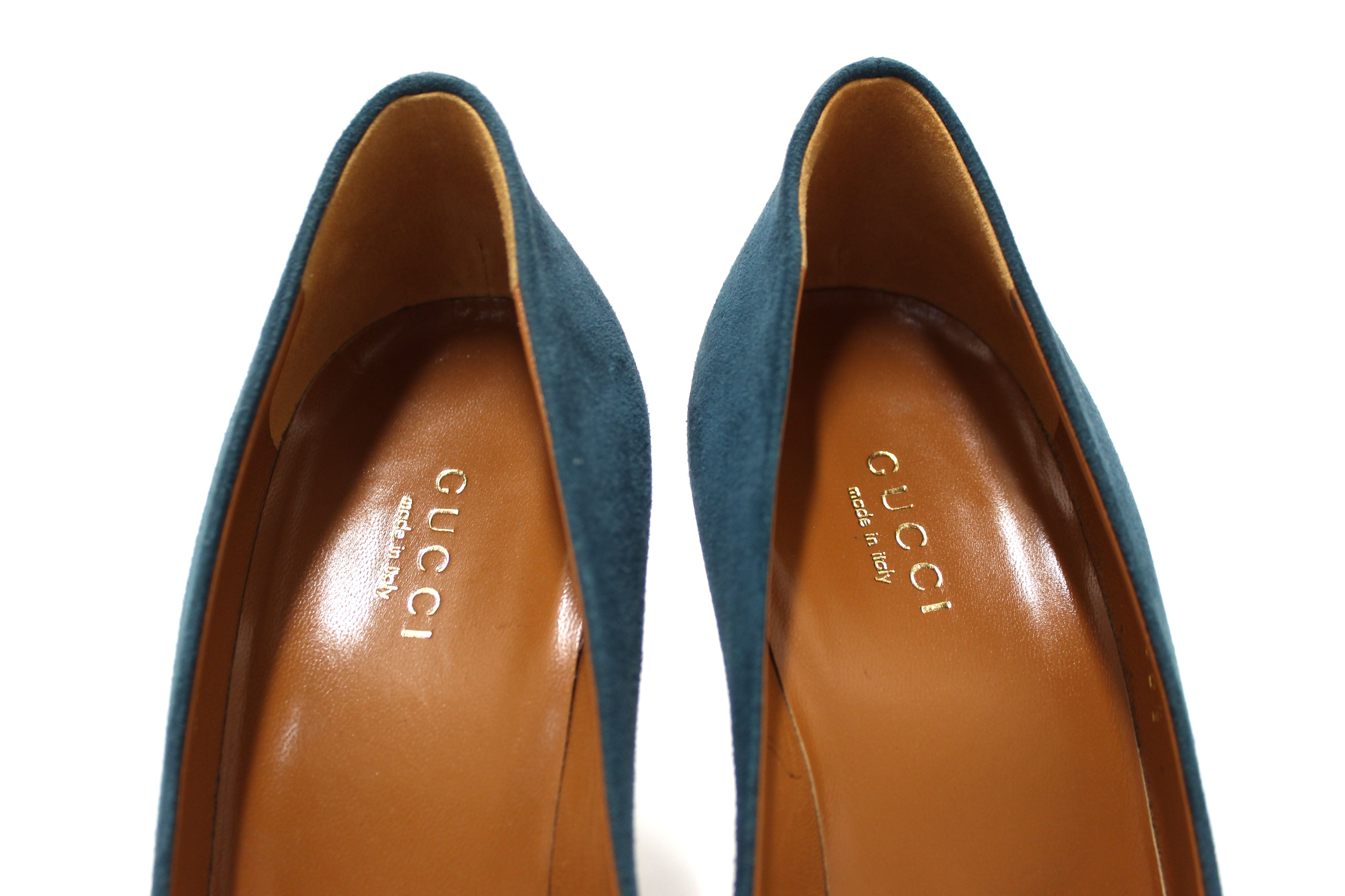 Authentic Gucci Blue Suede Leather Platform Pump Shoes Size 36.5