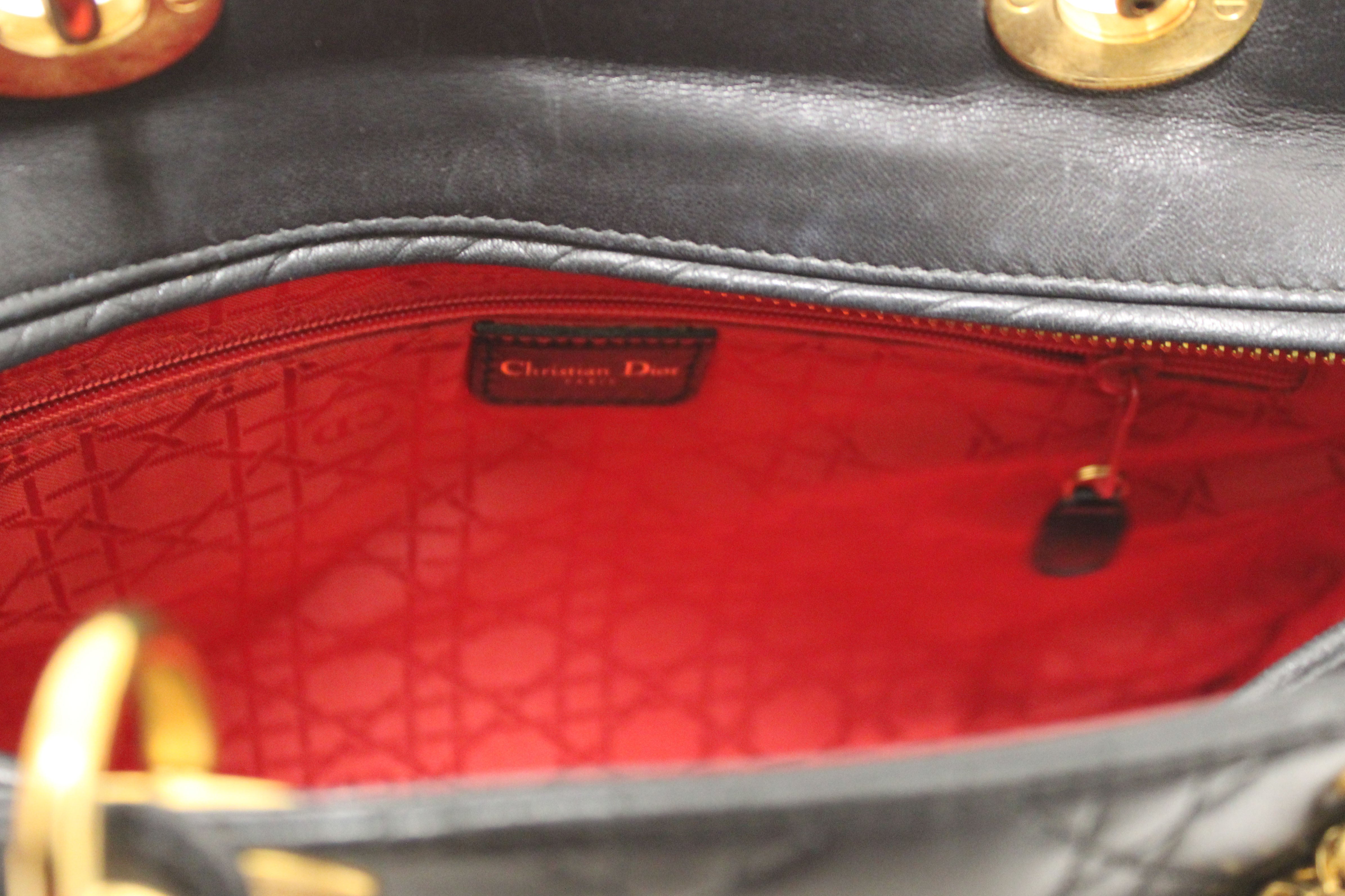 Authentic Christian Dior Black Cannage Lambskin Leather Large Lady Dior Bag