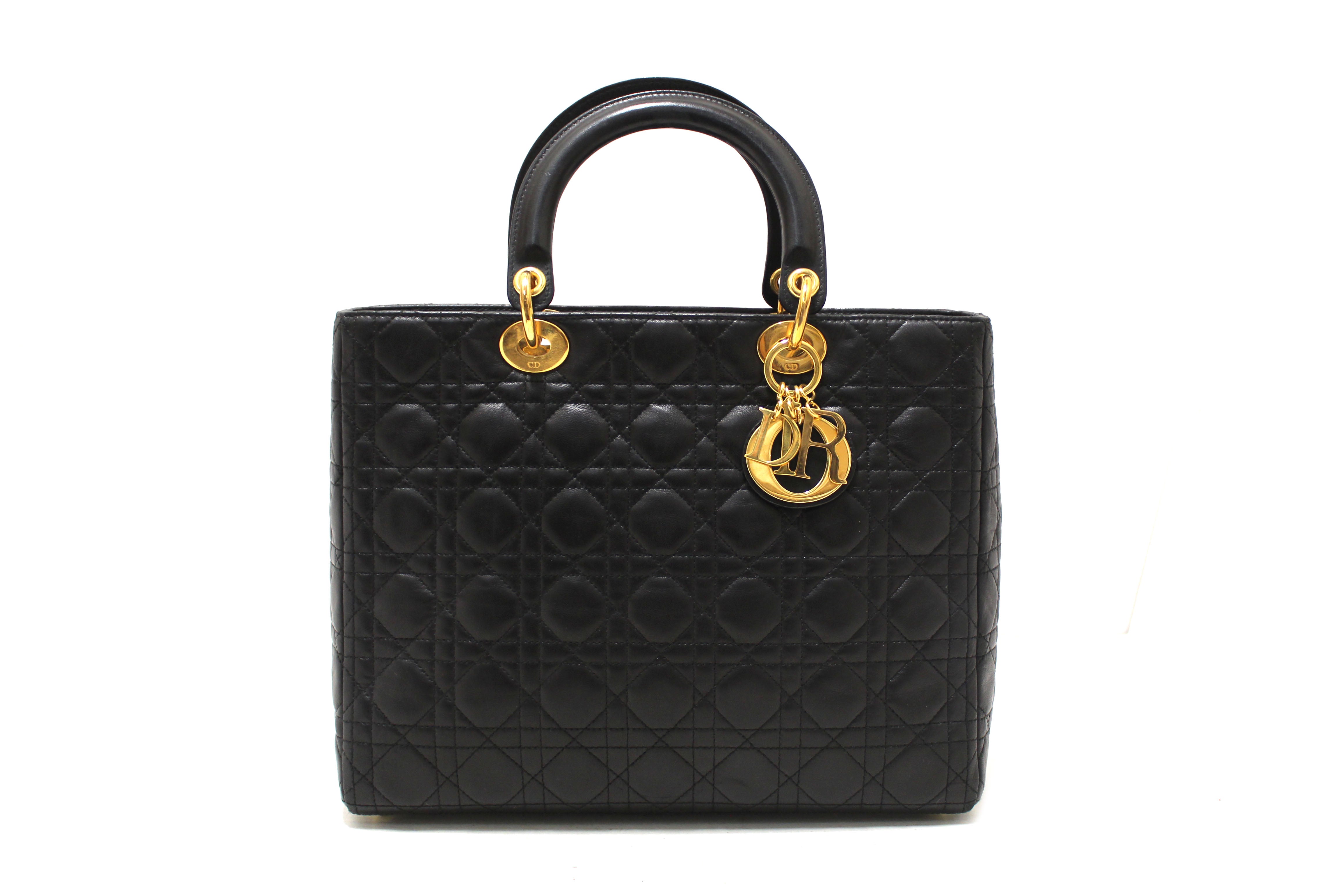 Authentic Christian Dior Black Cannage Lambskin Leather Large Lady Dior Bag