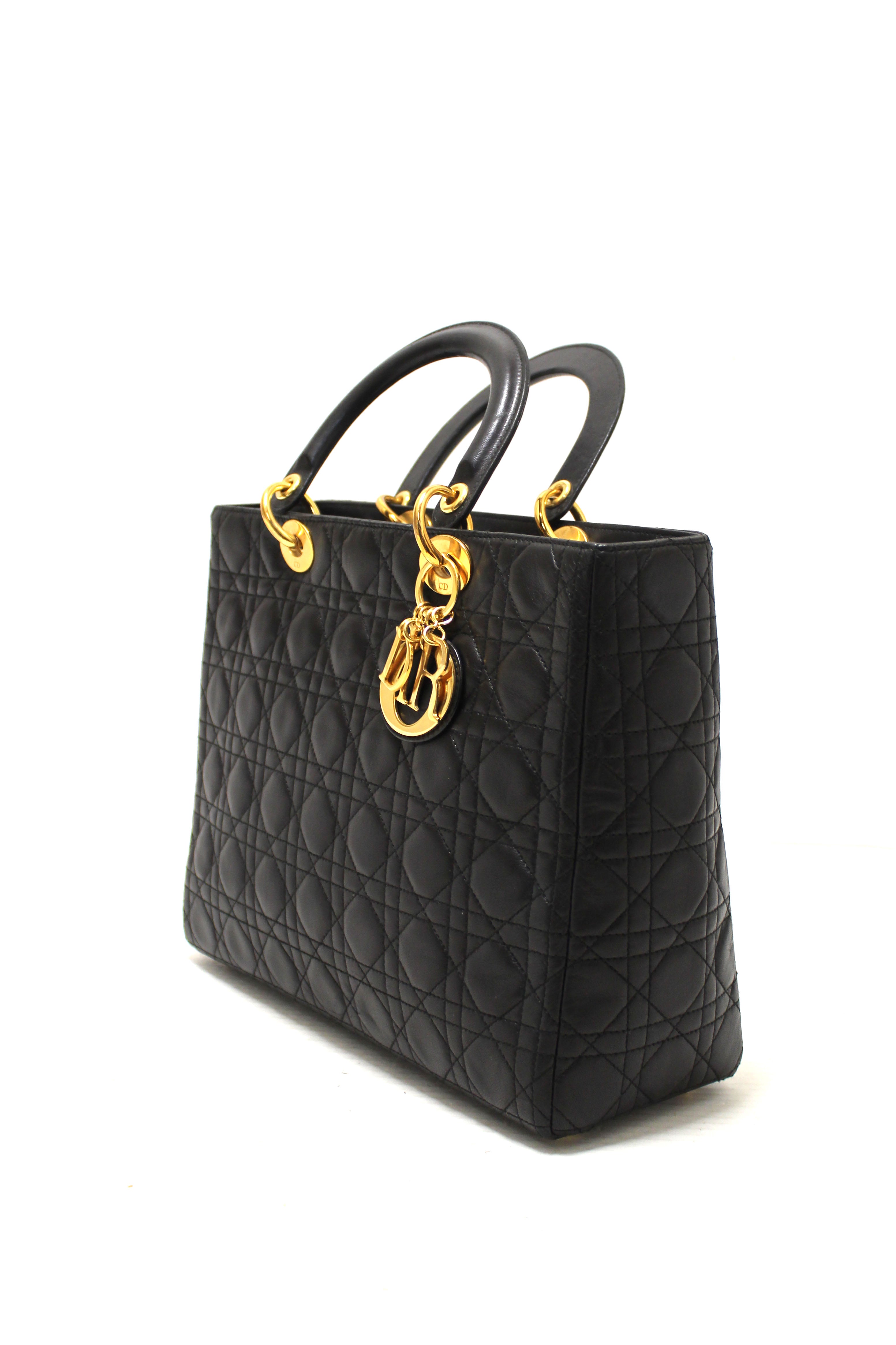Authentic Christian Dior Black Cannage Lambskin Leather Large Lady Dior Bag