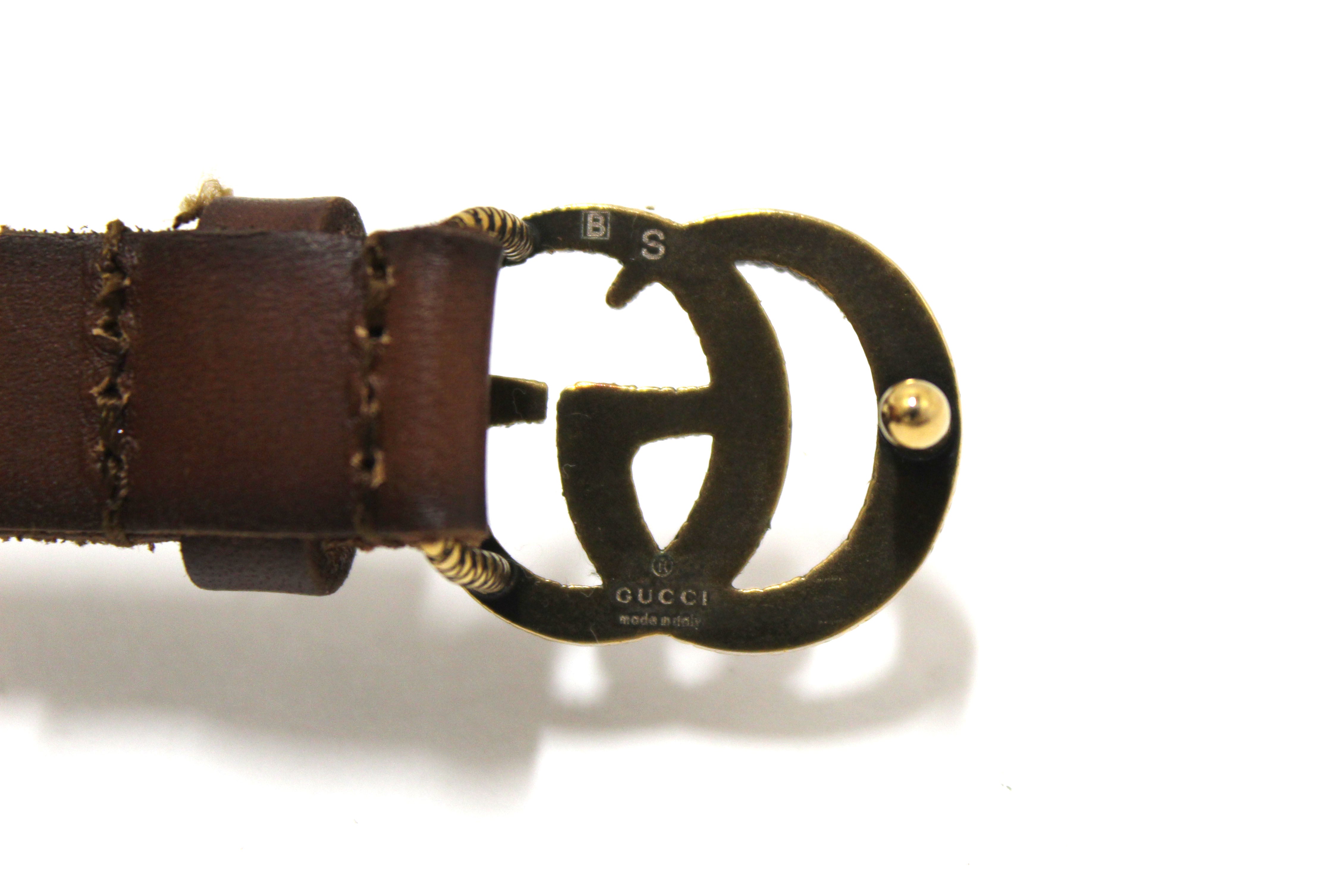 Authentic Gucci Brown Leather Double G Engraving Bracelet Size S 648702