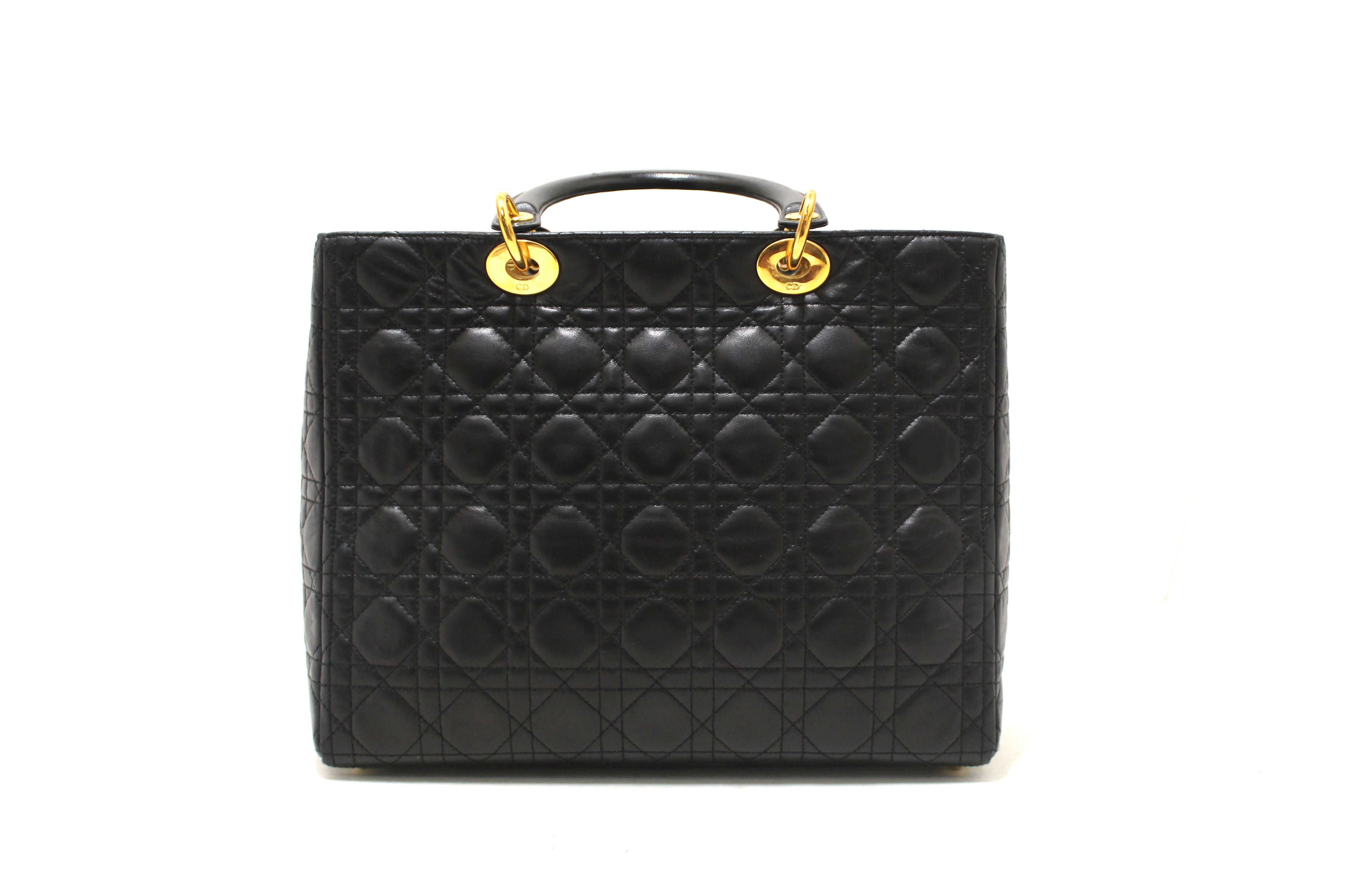 Authentic Christian Dior Black Cannage Lambskin Leather Large Lady Dior Bag