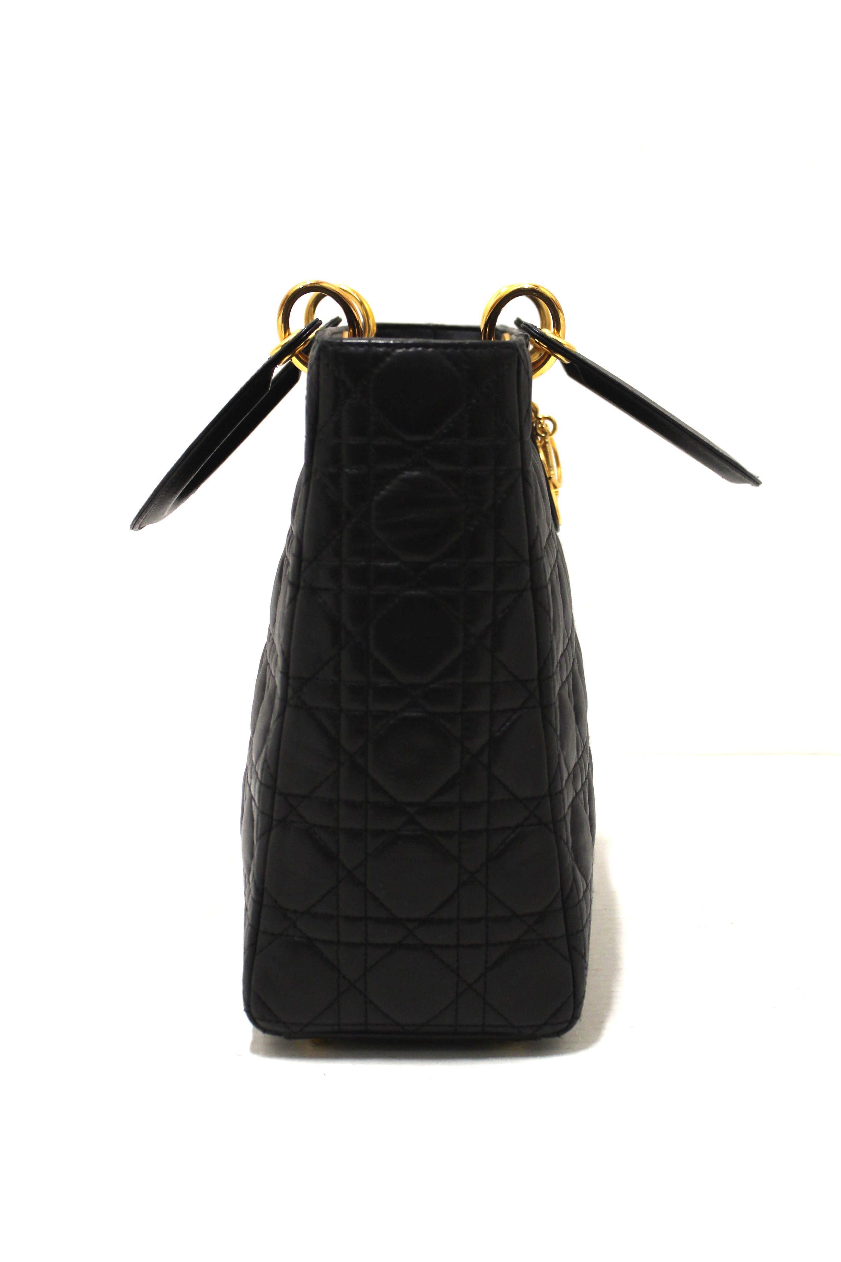 Authentic Christian Dior Black Cannage Lambskin Leather Large Lady Dior Bag