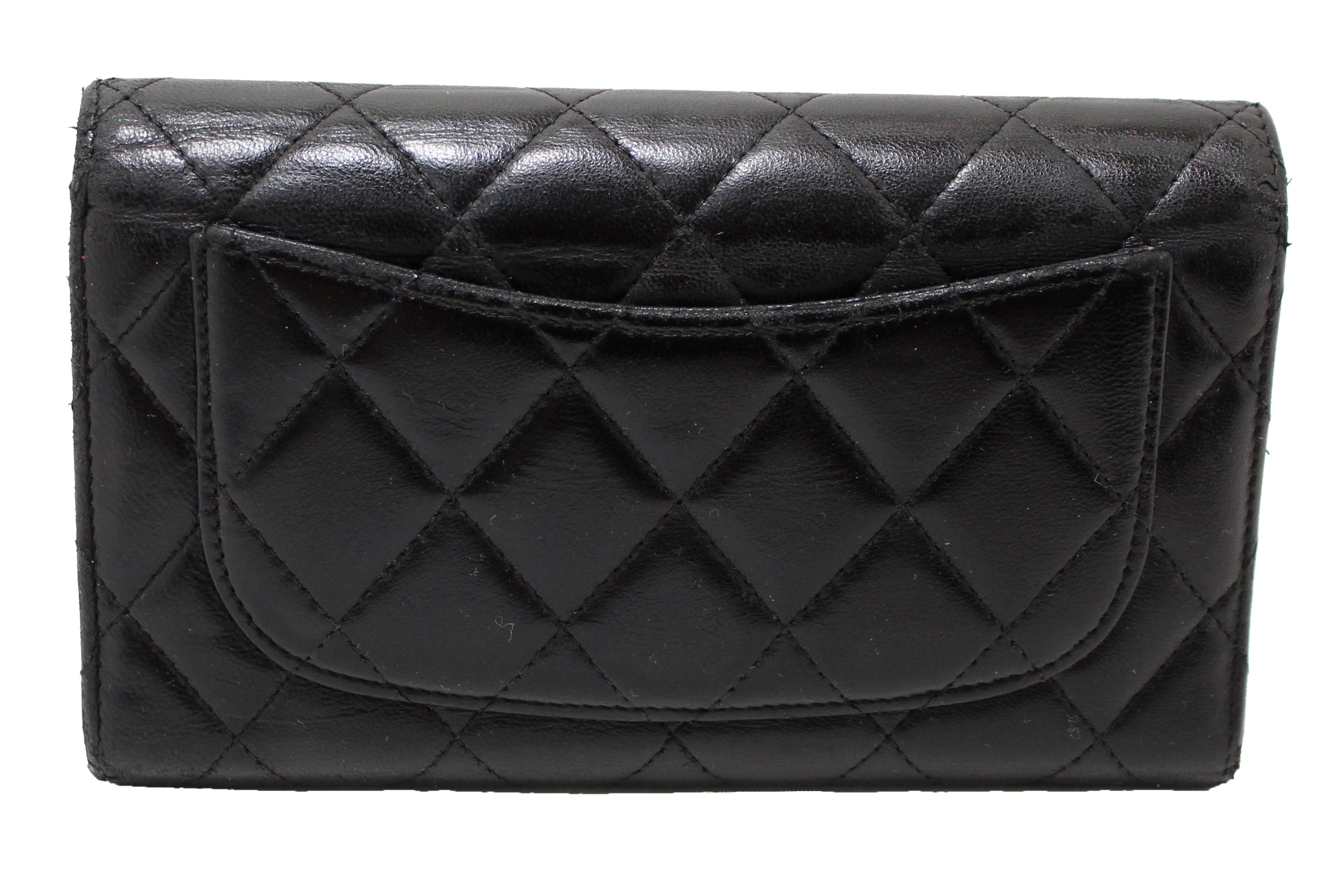 Authentic Chanel Black Quilted Lambskin Leather Trifold Flap Wallet