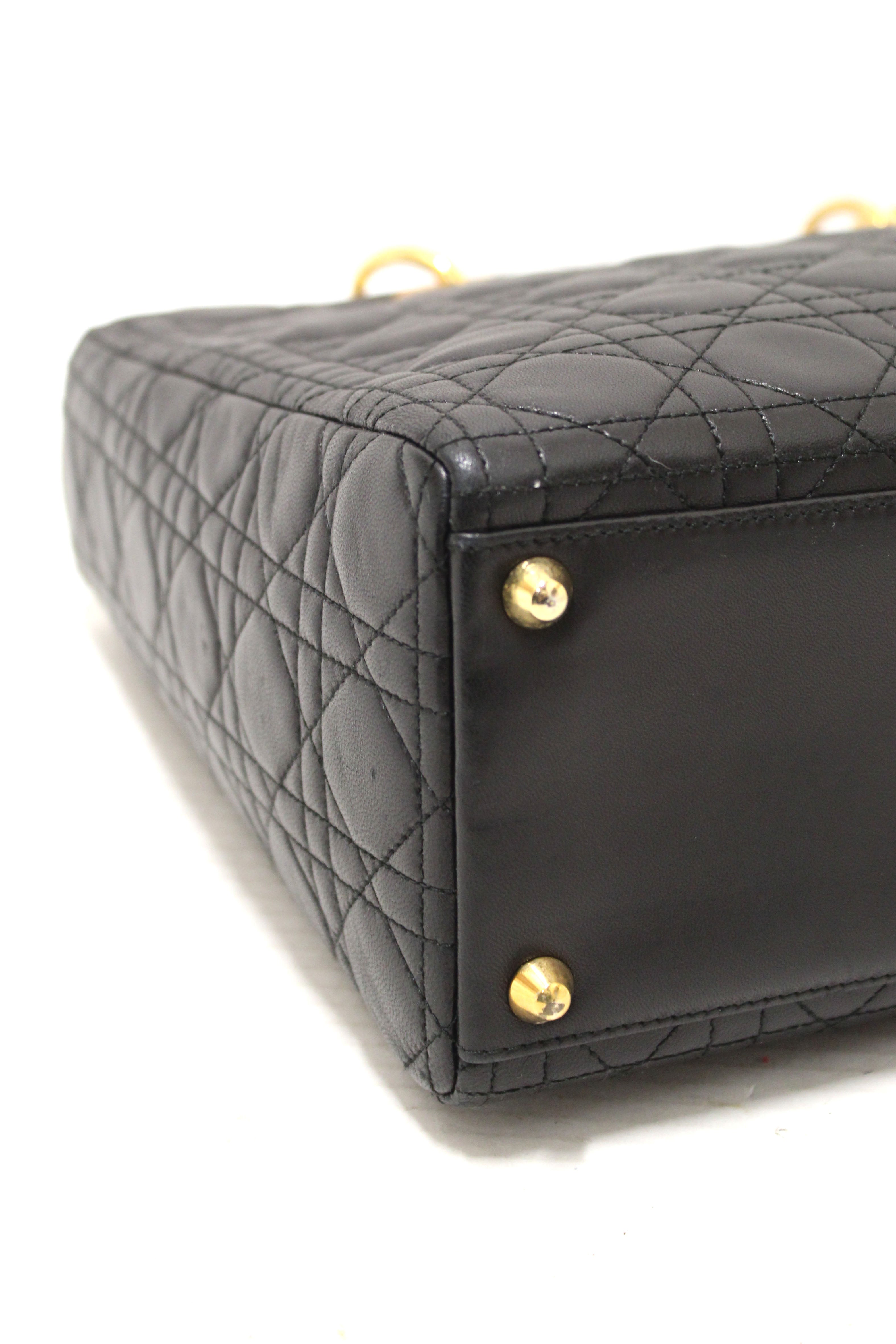 Authentic Christian Dior Black Cannage Lambskin Leather Large Lady Dior Bag