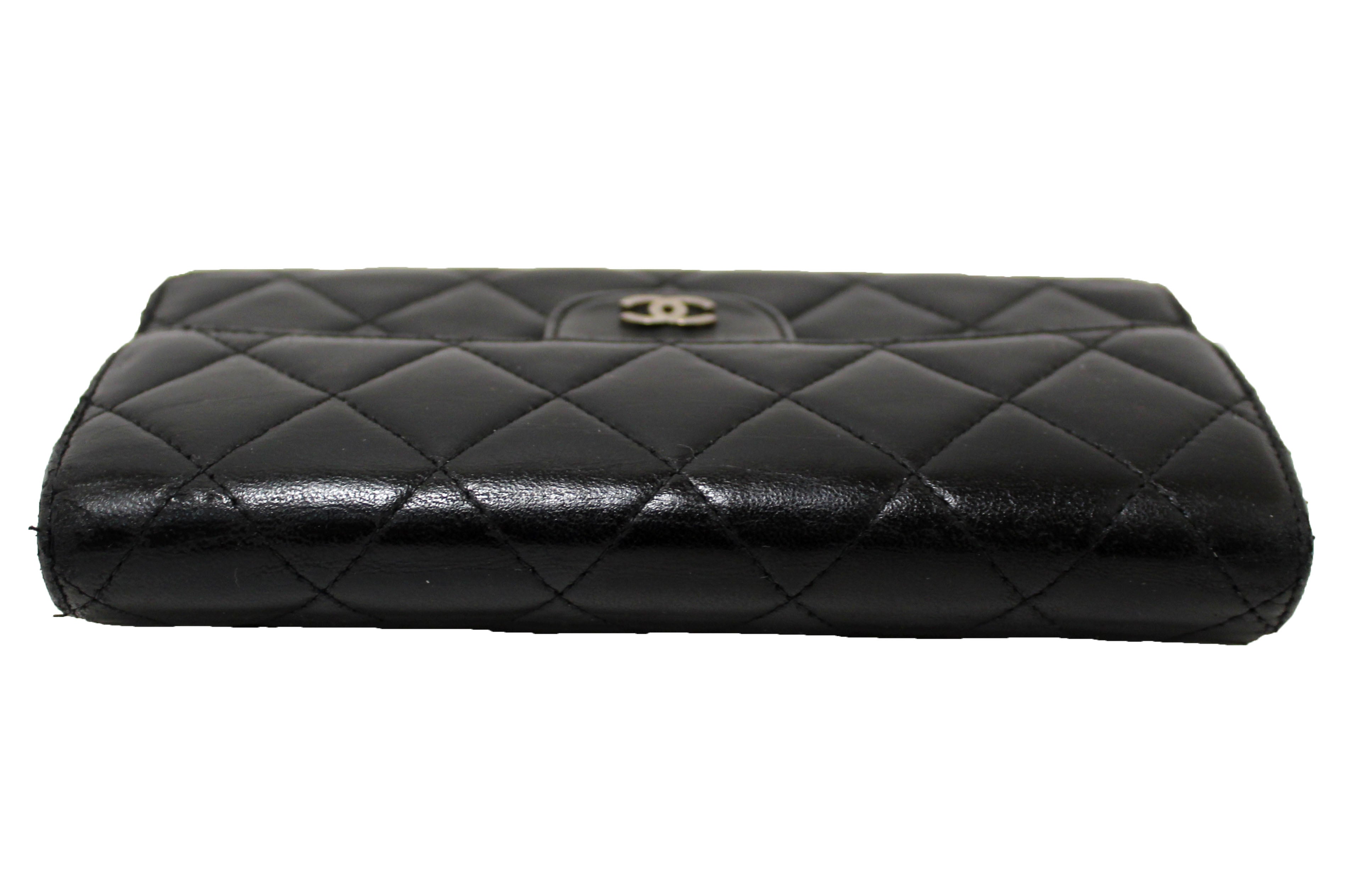 Authentic Chanel Black Quilted Lambskin Leather Trifold Flap Wallet