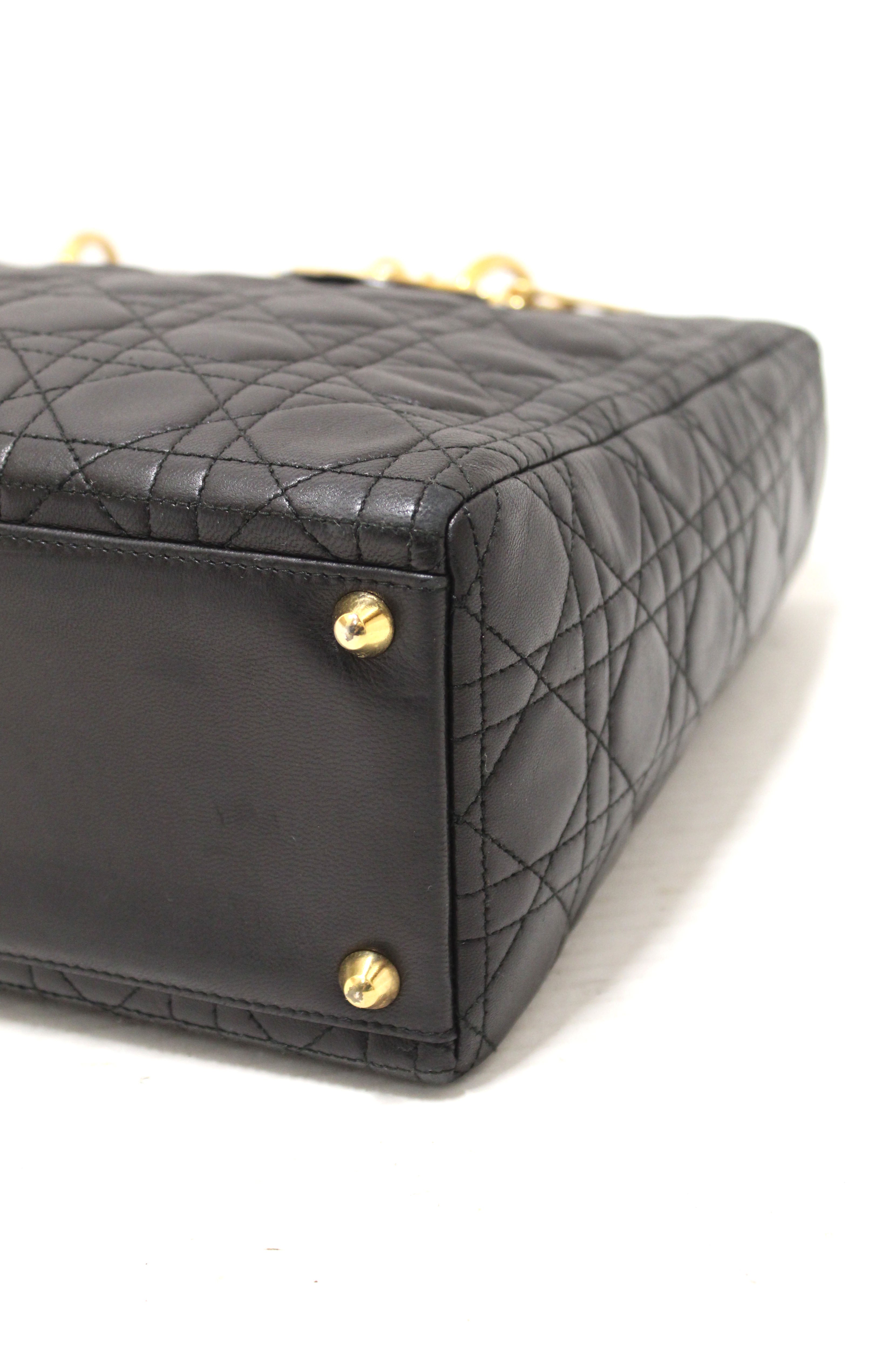 Authentic Christian Dior Black Cannage Lambskin Leather Large Lady Dior Bag
