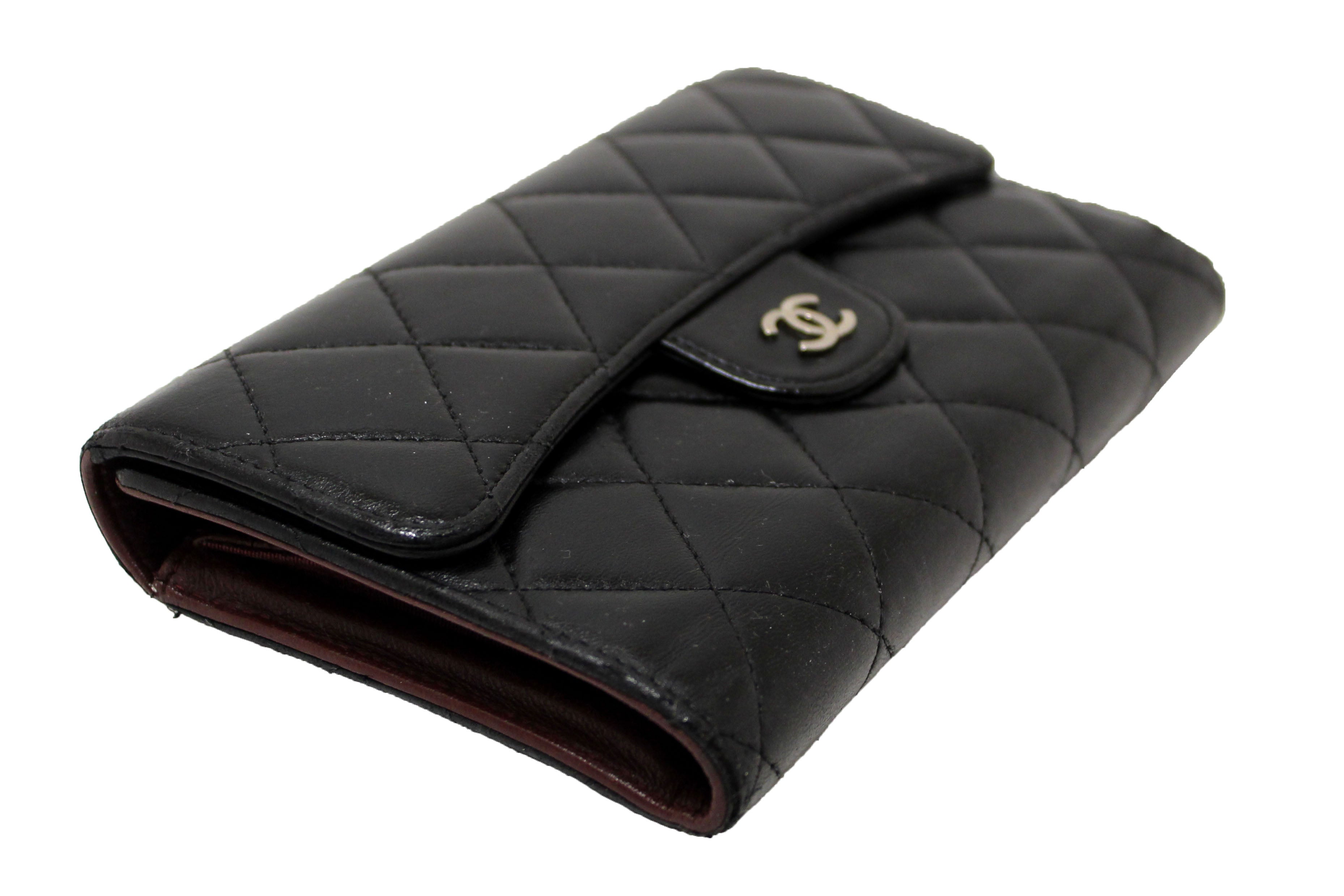 Authentic Chanel Black Quilted Lambskin Leather Trifold Flap Wallet