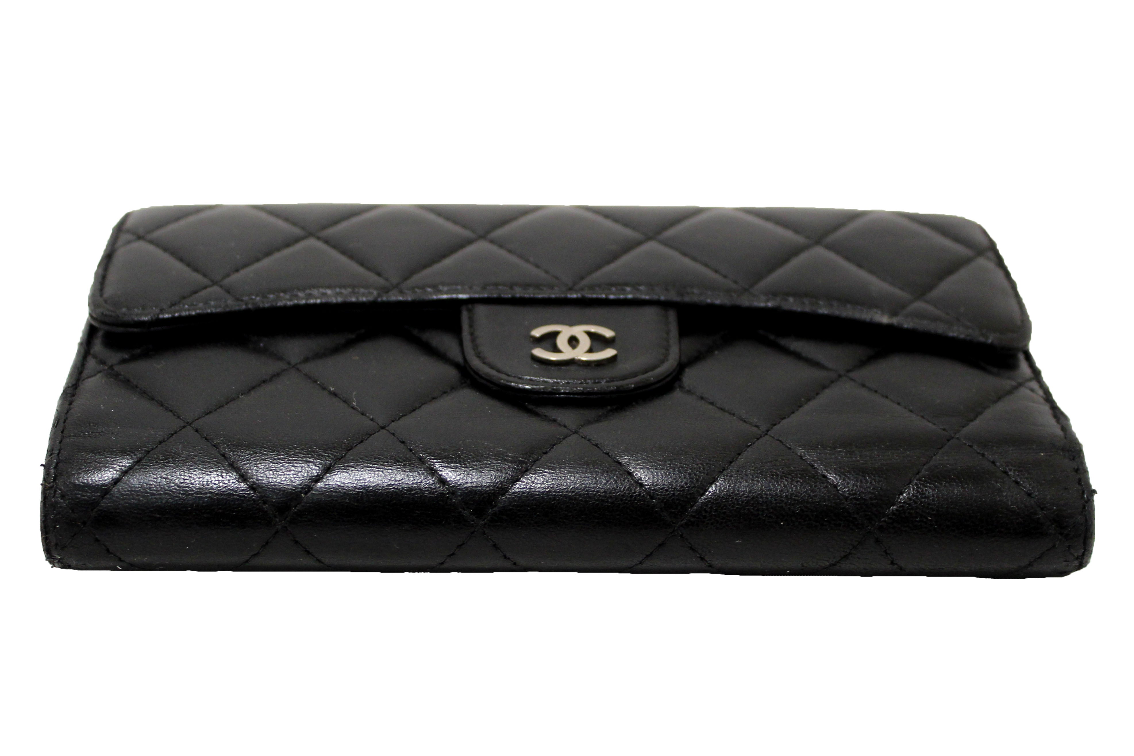 Authentic Chanel Black Quilted Lambskin Leather Trifold Flap Wallet