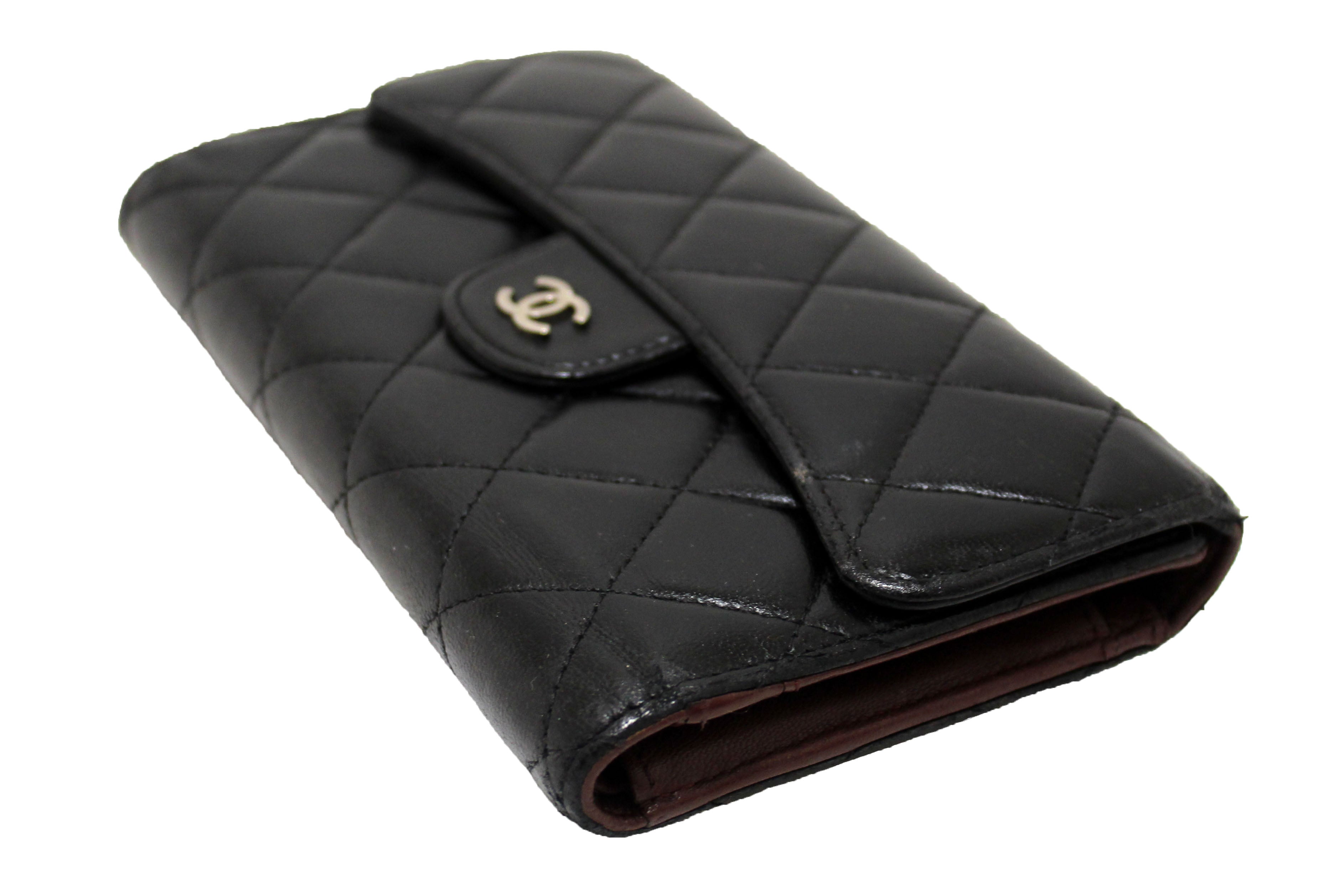 Authentic Chanel Black Quilted Lambskin Leather Trifold Flap Wallet