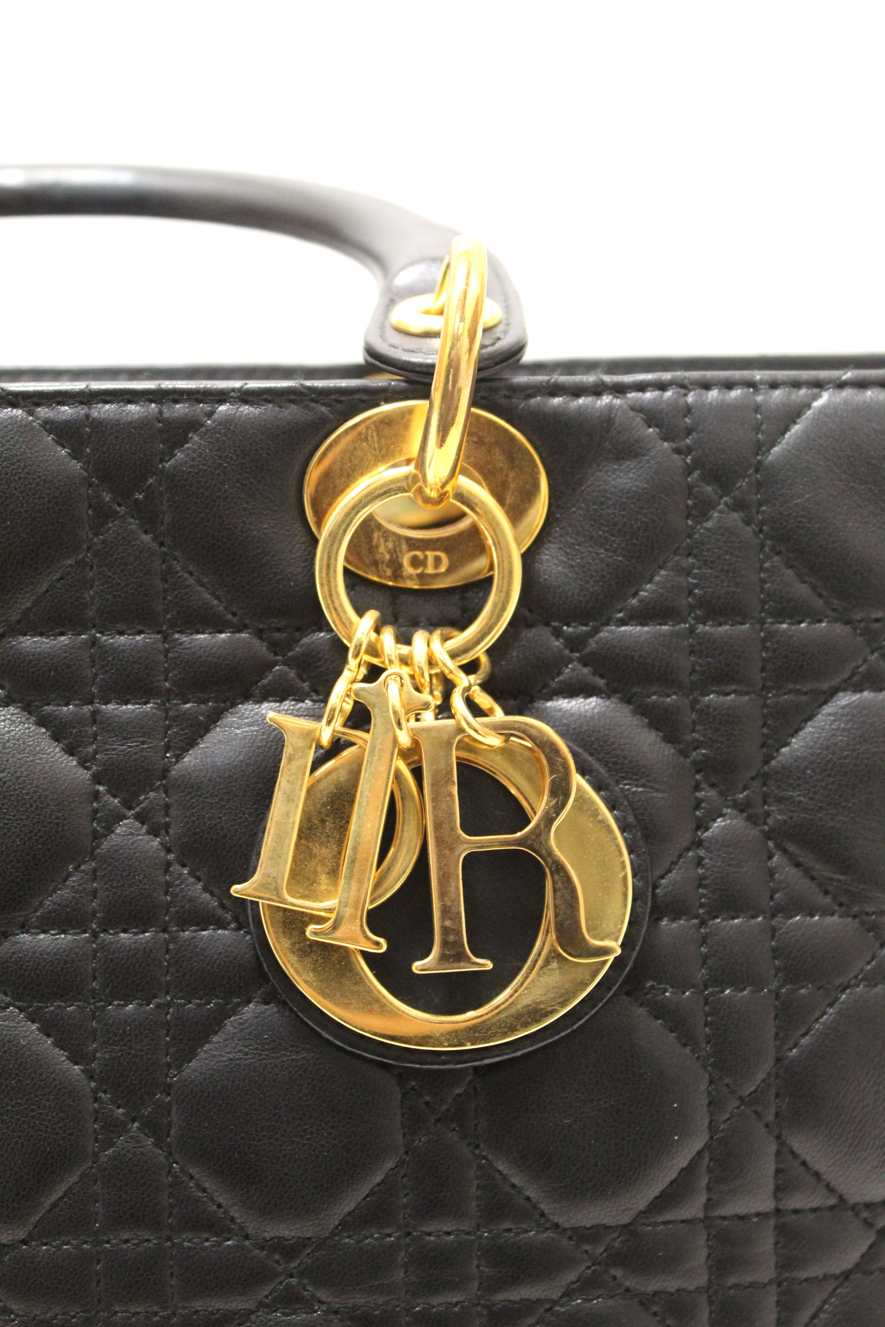 Authentic Christian Dior Black Cannage Lambskin Leather Large Lady Dior Bag