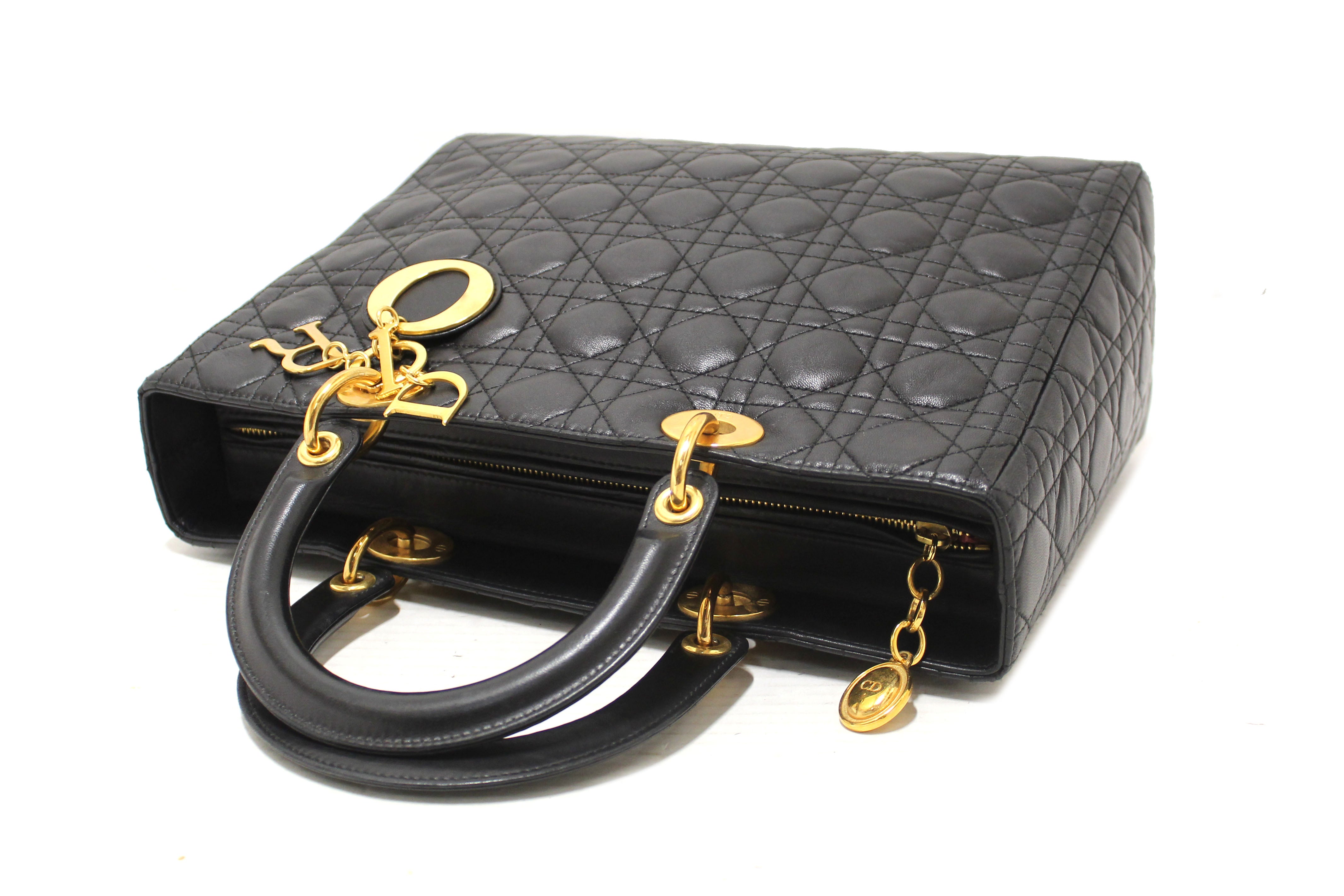 Authentic Christian Dior Black Cannage Lambskin Leather Large Lady Dior Bag
