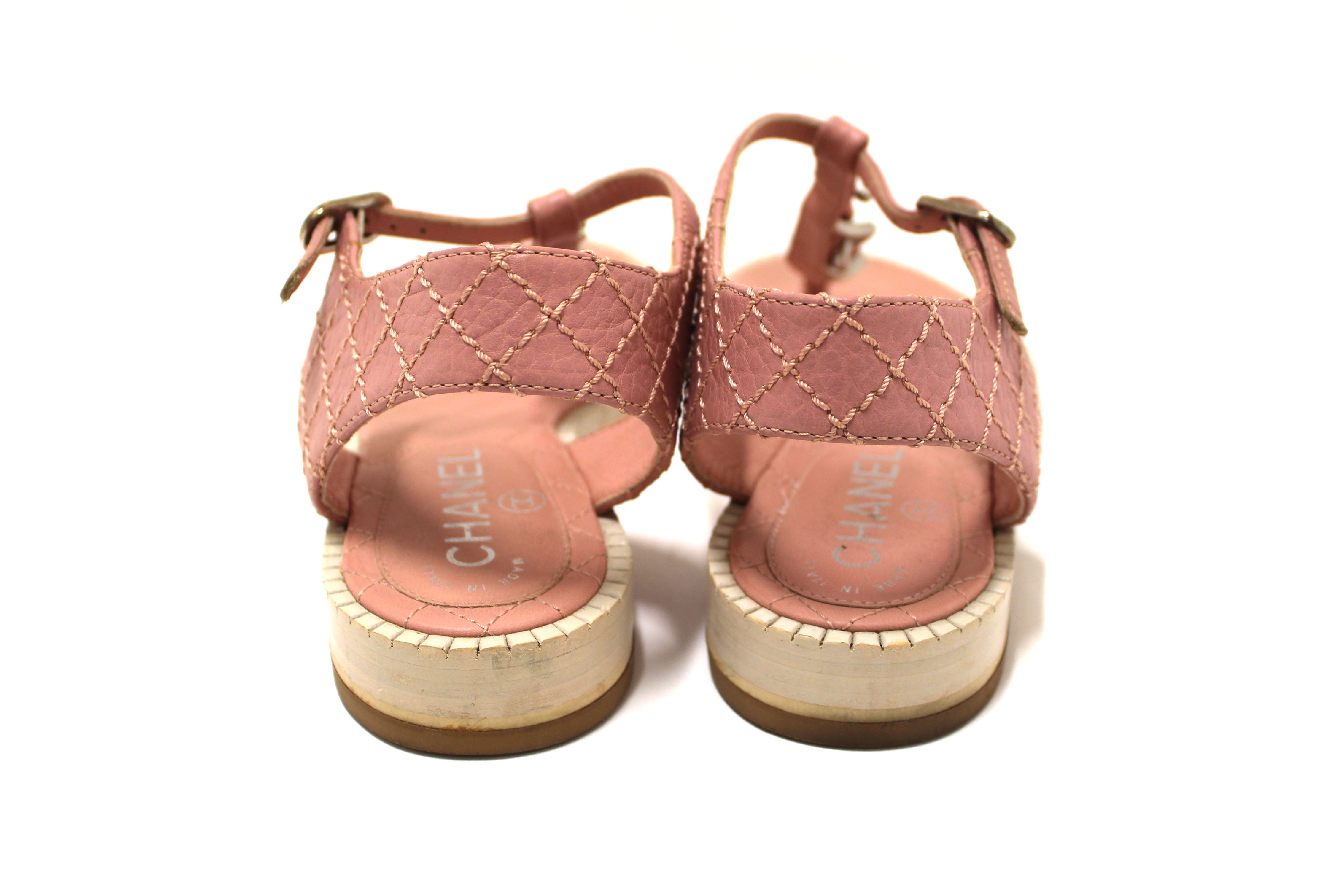 Authentic Chanel Pink Quilted Leather Chain Link Thong Flat Sandals Size 37